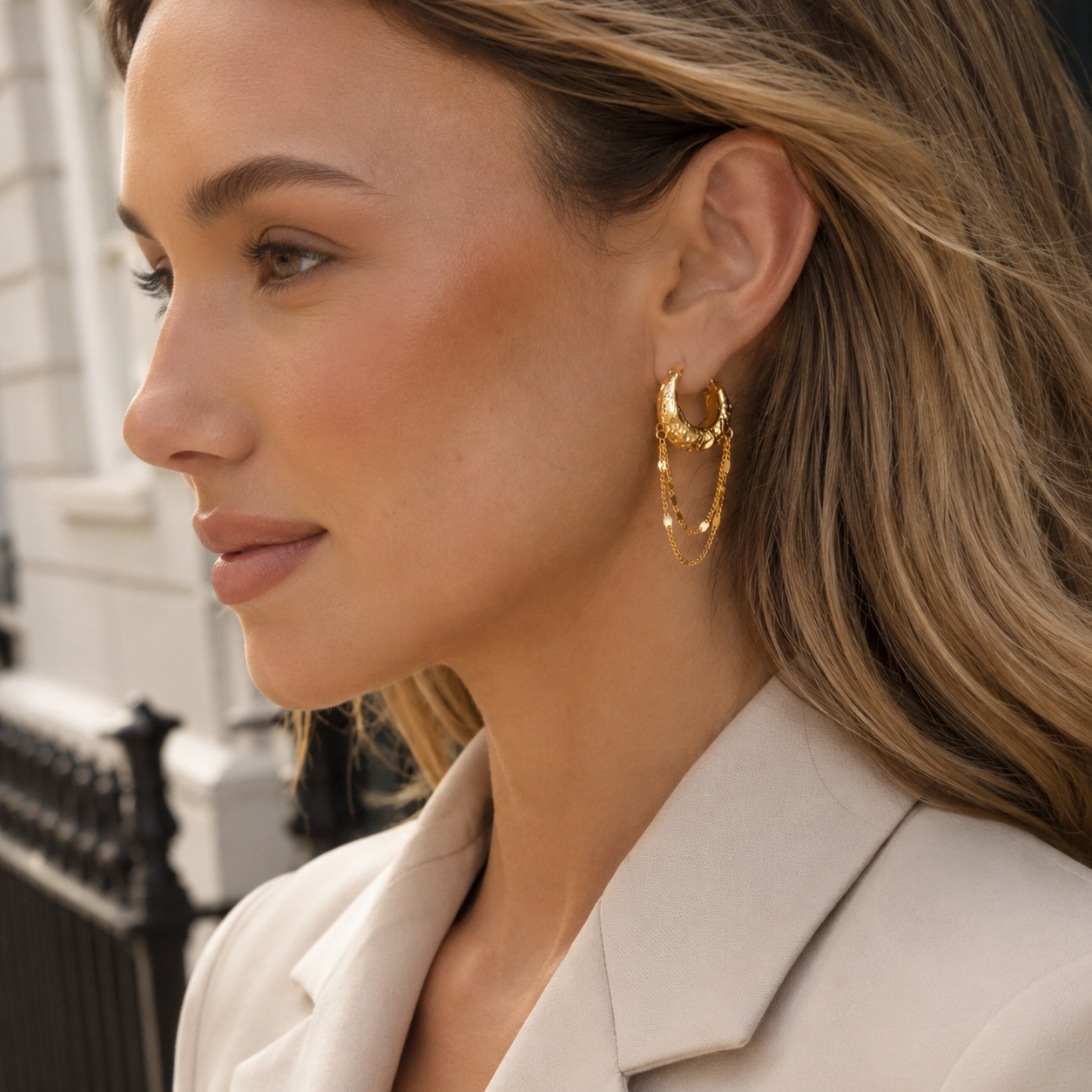 Layered Draping Chain Textured 925 Silver Hoops (Gold Finish)