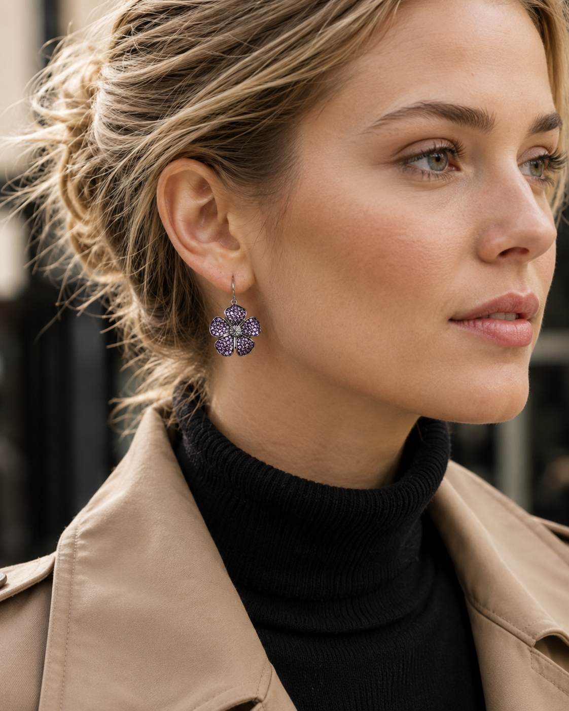 Five Petal Ombre Blossom Dangle Earrings - Purple
