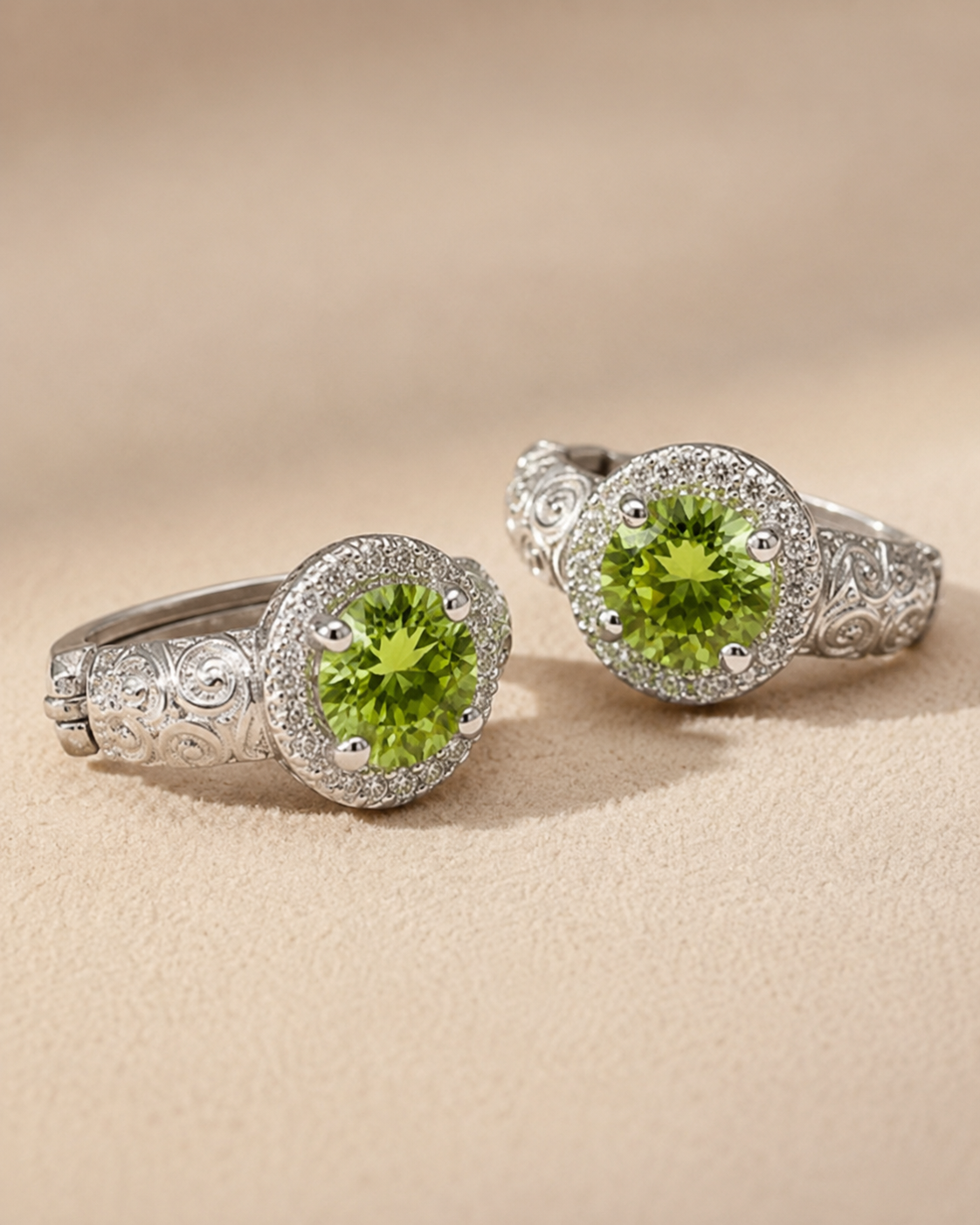 Antique Style Sterling Silver Natural Olivine Halo Earrings