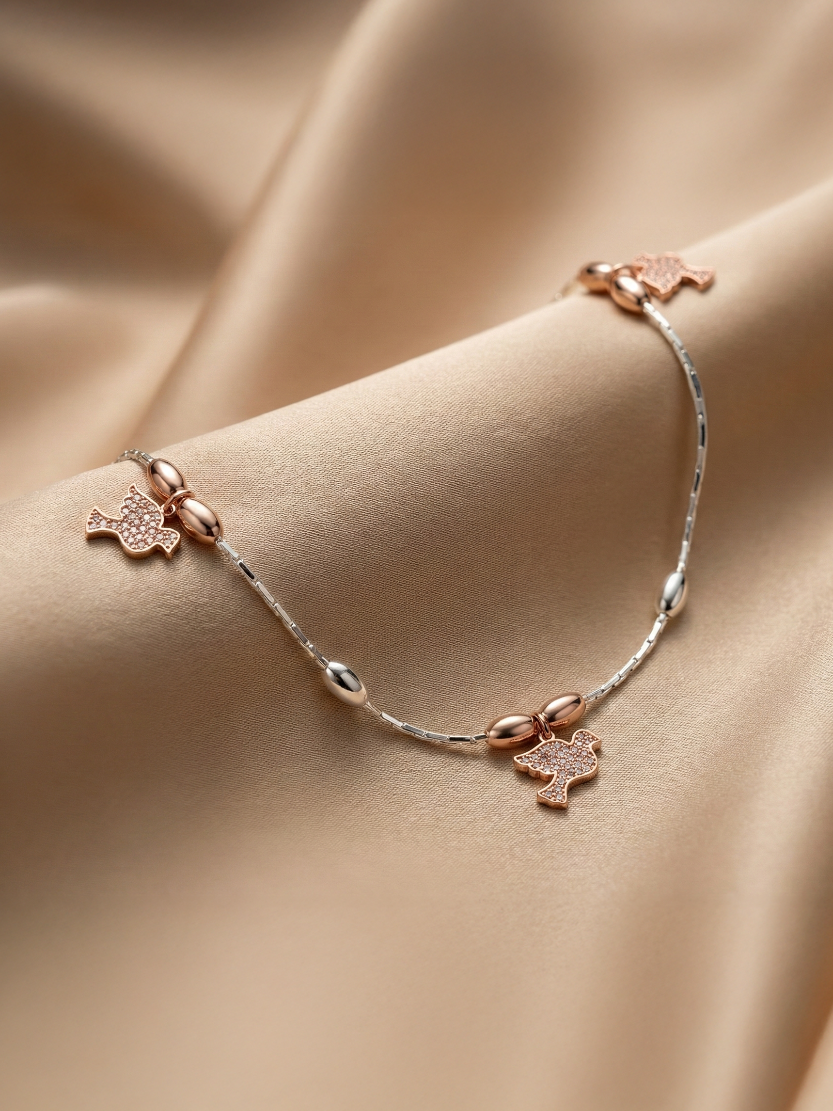 925 Sterling Silver Rose Gold Bird Nature Charm Anklet