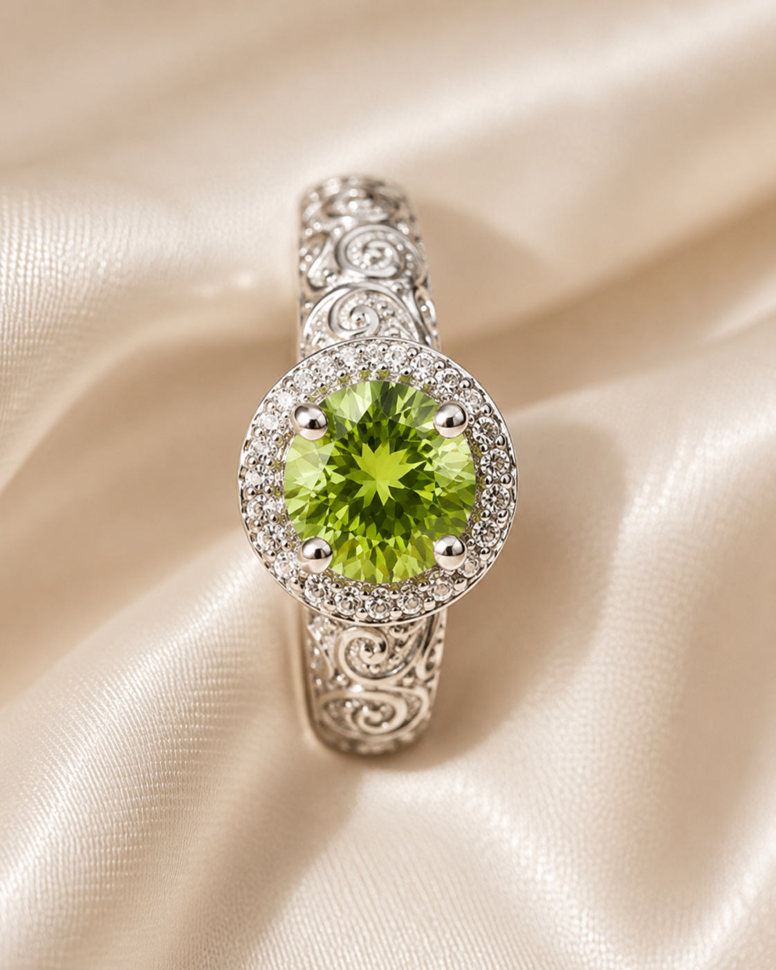 Antique Style Sterling Silver Natural Olivine Halo Earrings