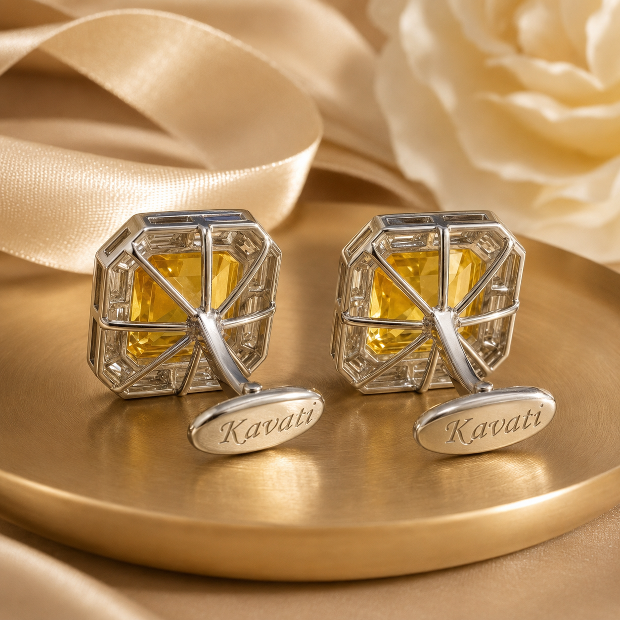 Yellow Emerald-Cut Silver Cufflinks