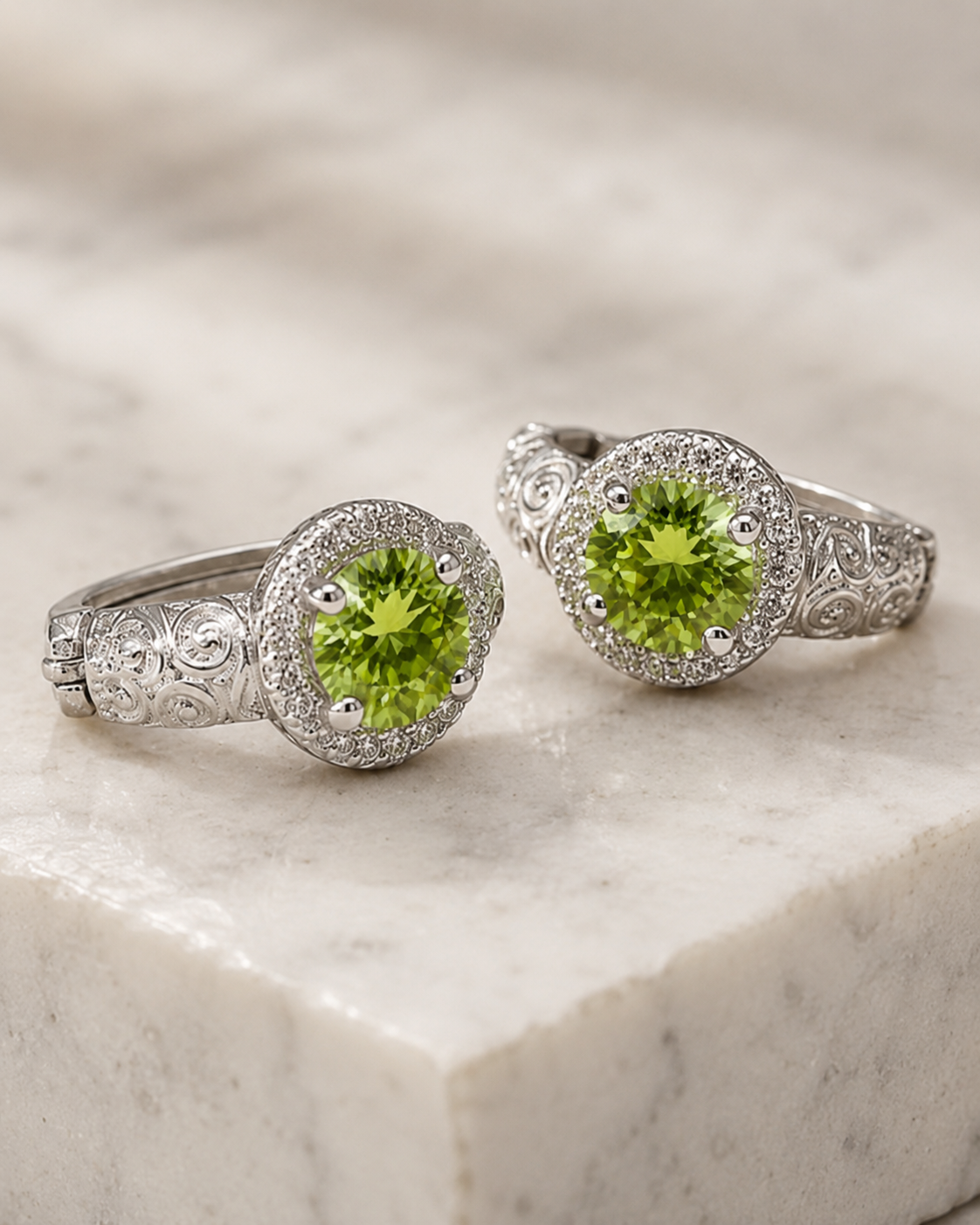 Antique Style Sterling Silver Natural Olivine Halo Earrings