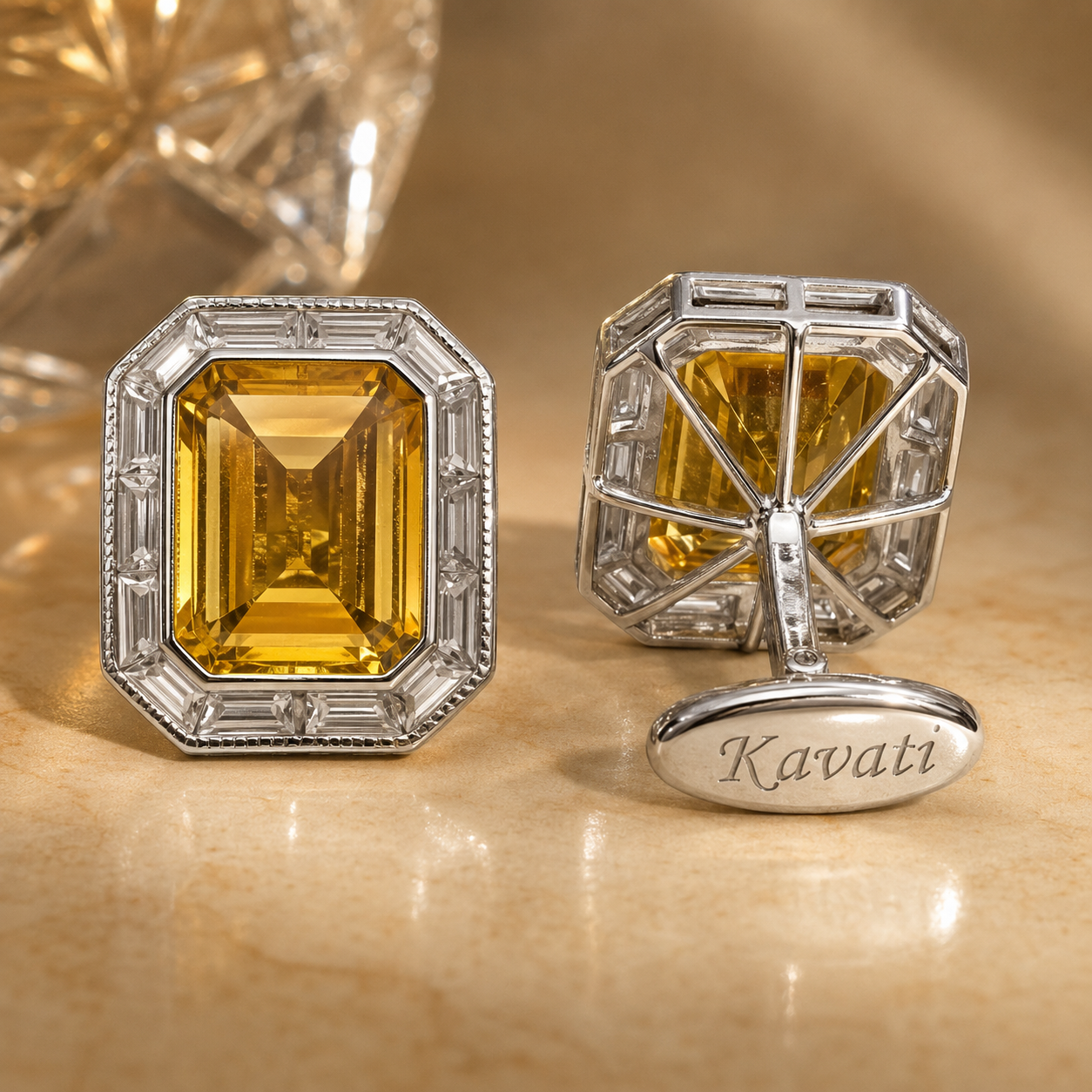 Yellow Emerald-Cut Silver Cufflinks