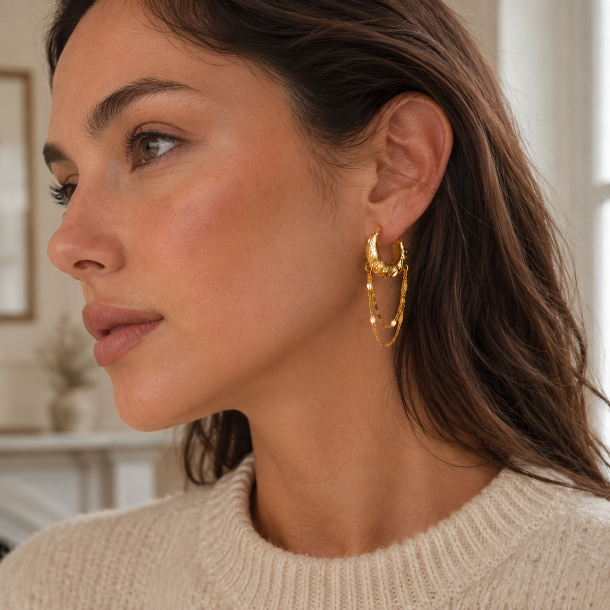 Layered Draping Chain Textured 925 Silver Hoops (Gold Finish)