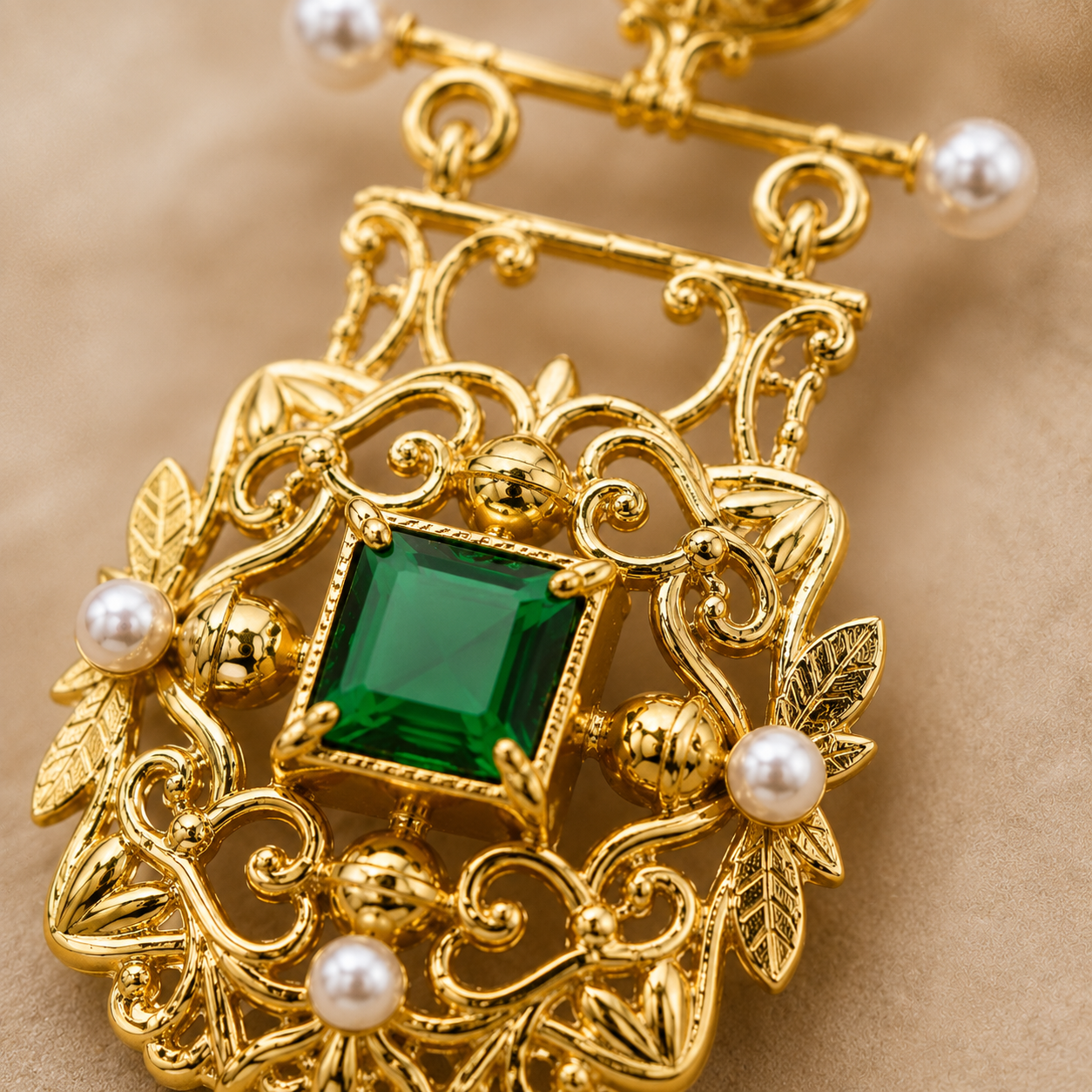 Art Nouveau Gold Vintage Earrings With Emerald Green Cubic Zirconia