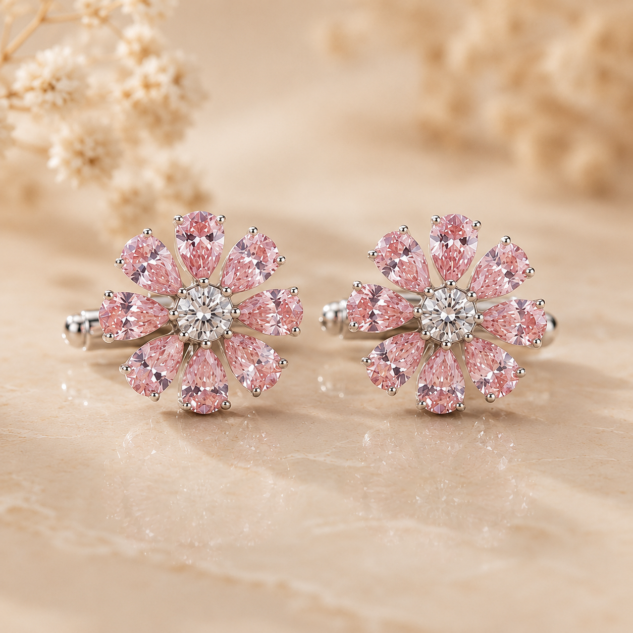 Pink Daisy Silver Cufflinks