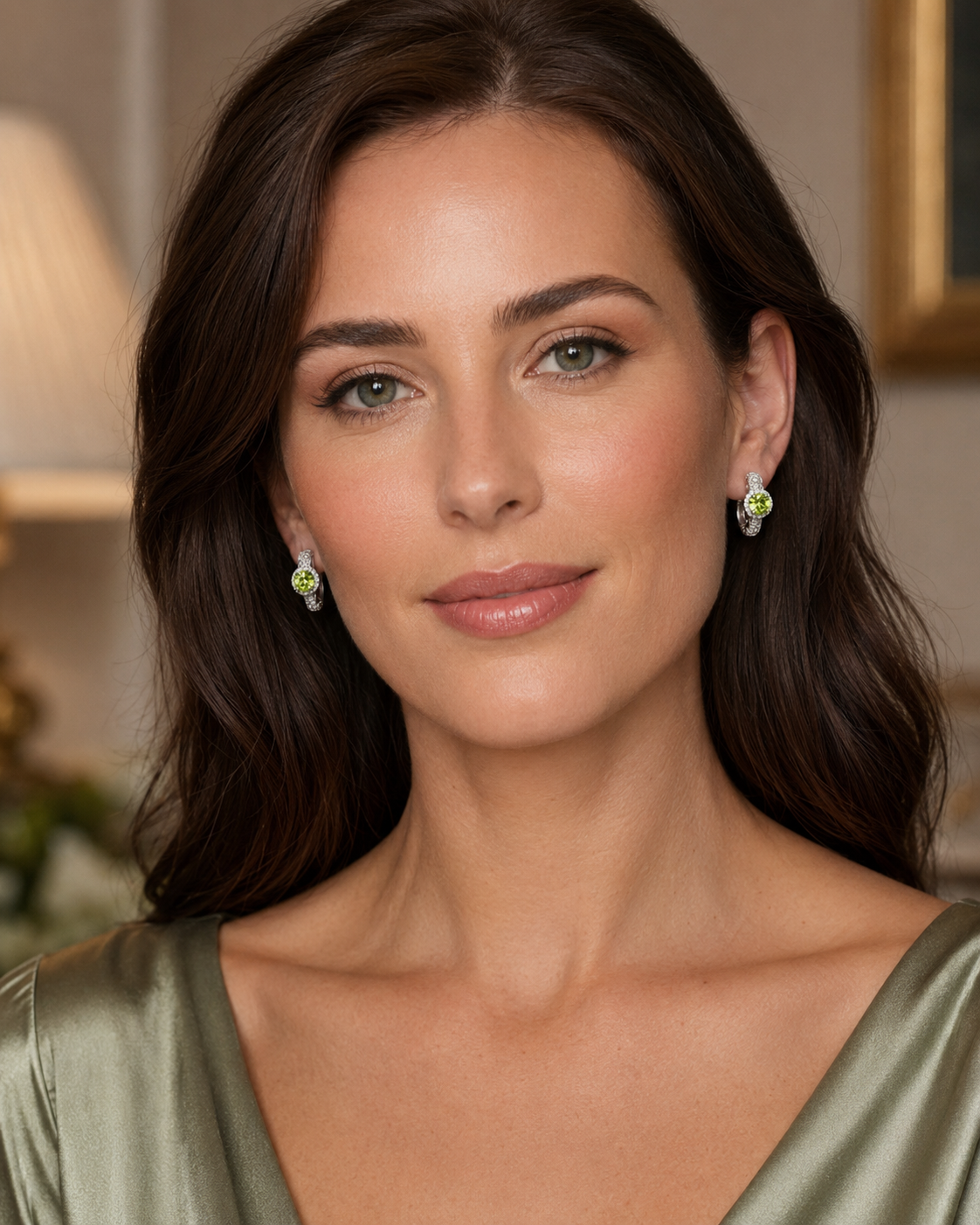Antique Style Sterling Silver Natural Olivine Halo Earrings