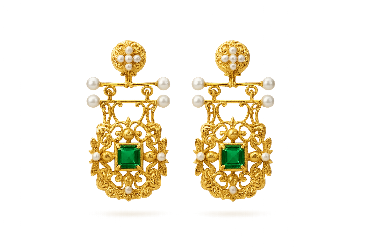 Art Nouveau Gold Vintage Earrings With Emerald Green Cubic Zirconia