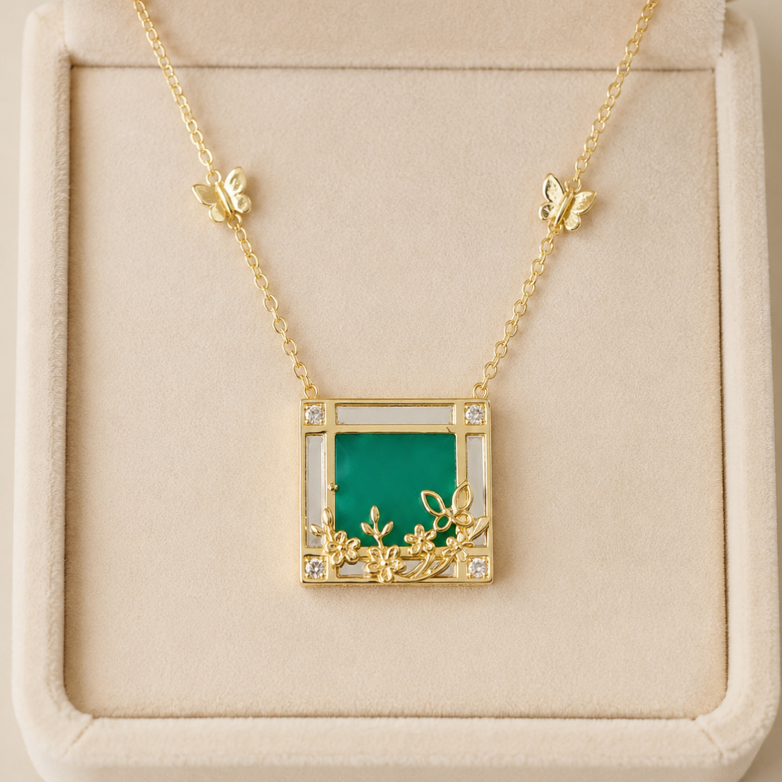 Green Princess-Cut Square Pendant Necklace