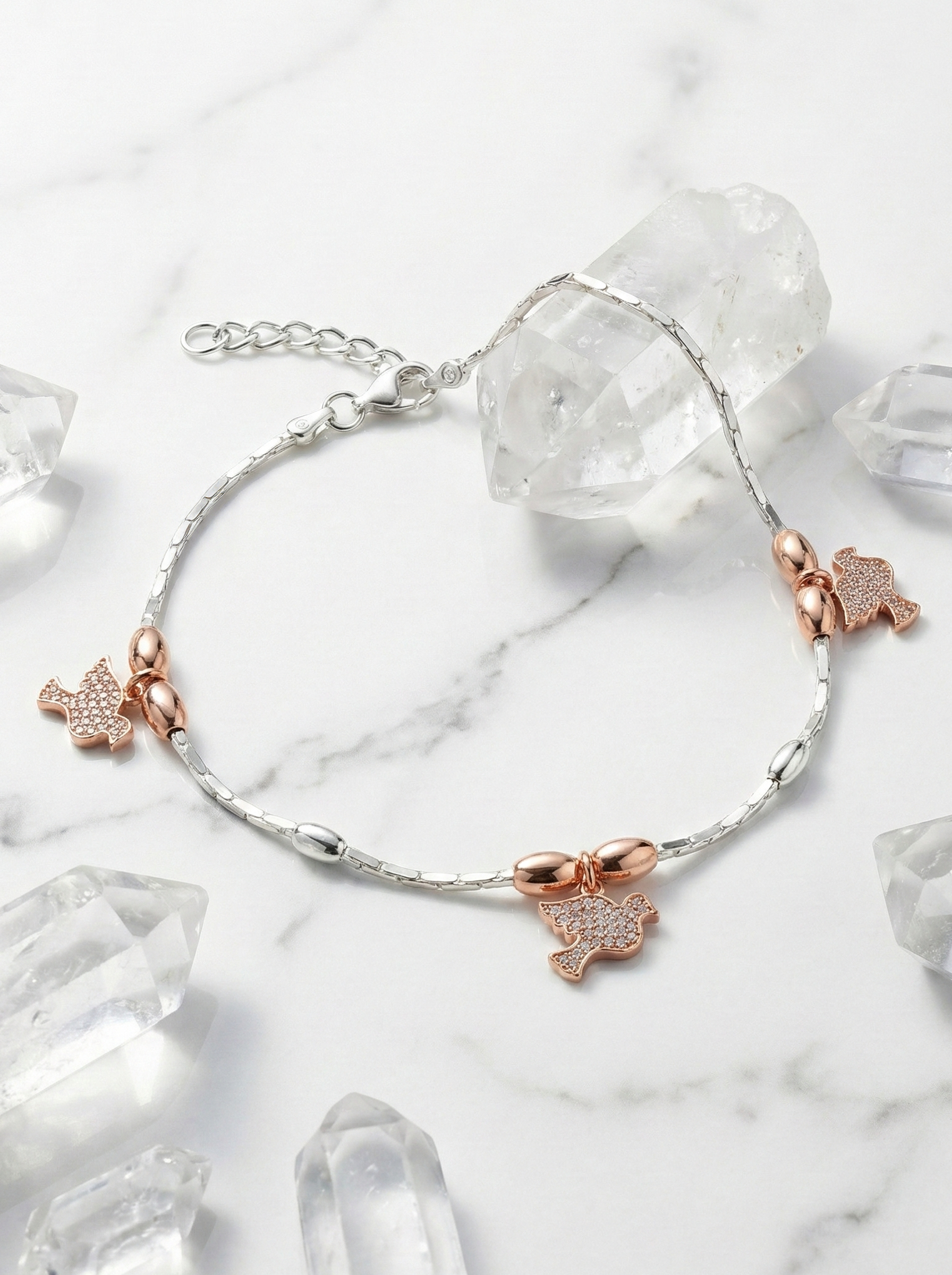 925 Sterling Silver Rose Gold Bird Nature Charm Anklet