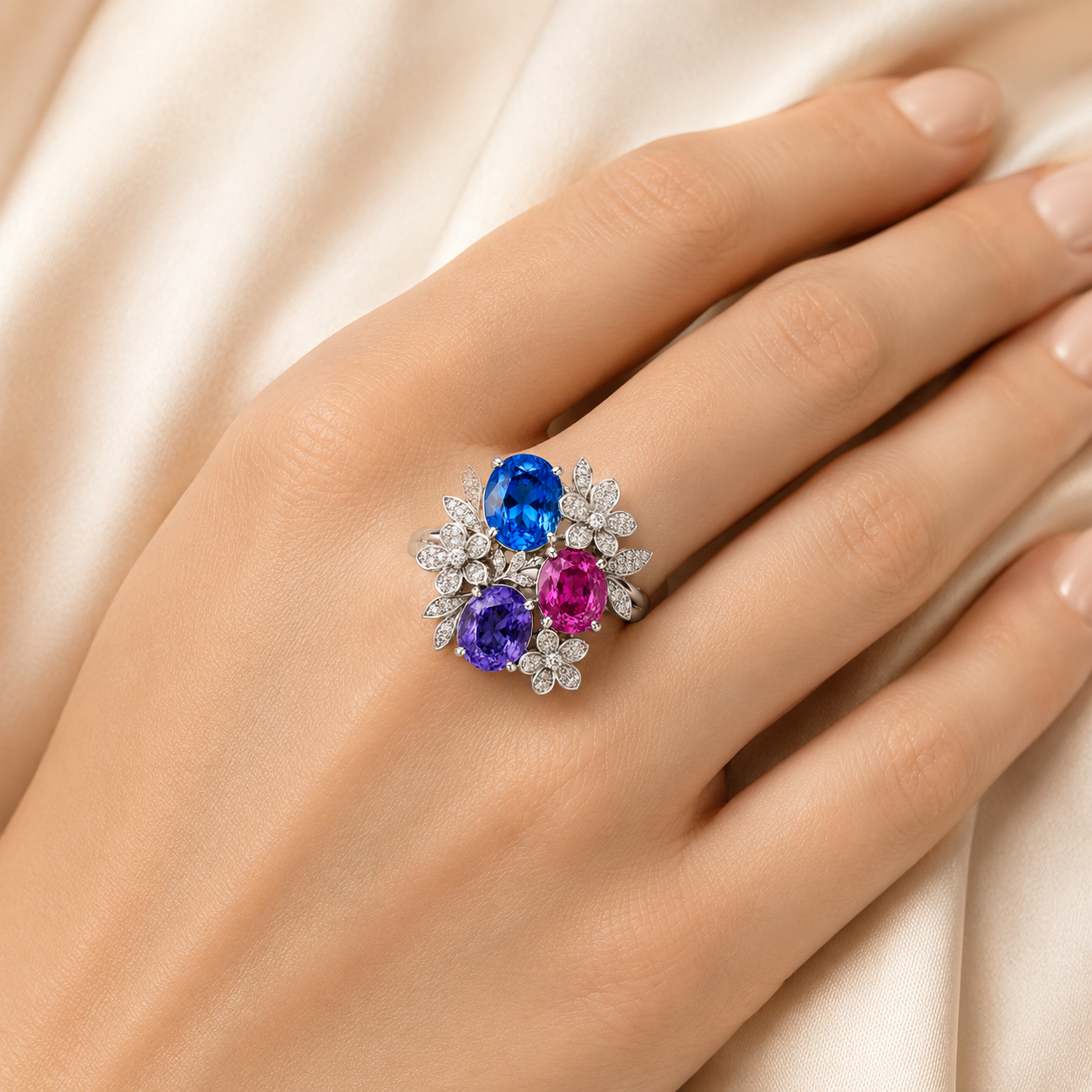 Natural Blue Topaz 925 Sterling Silver Floral Gemstone Ring