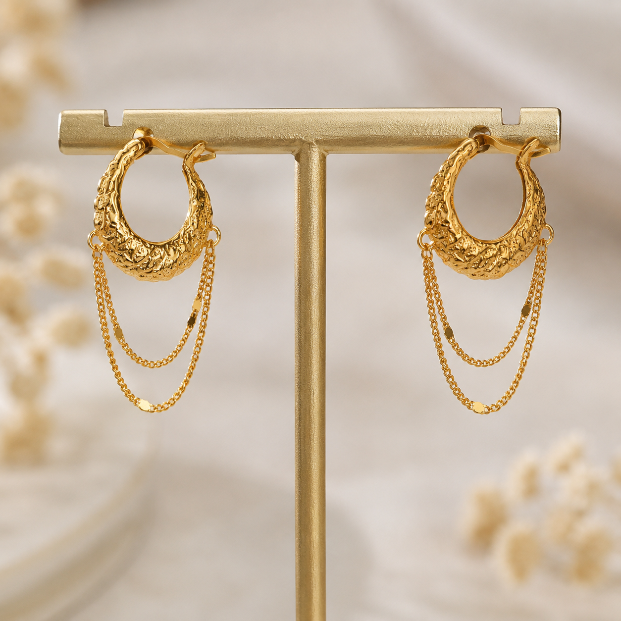 Layered Draping Chain Textured 925 Silver Hoops (Gold Finish)