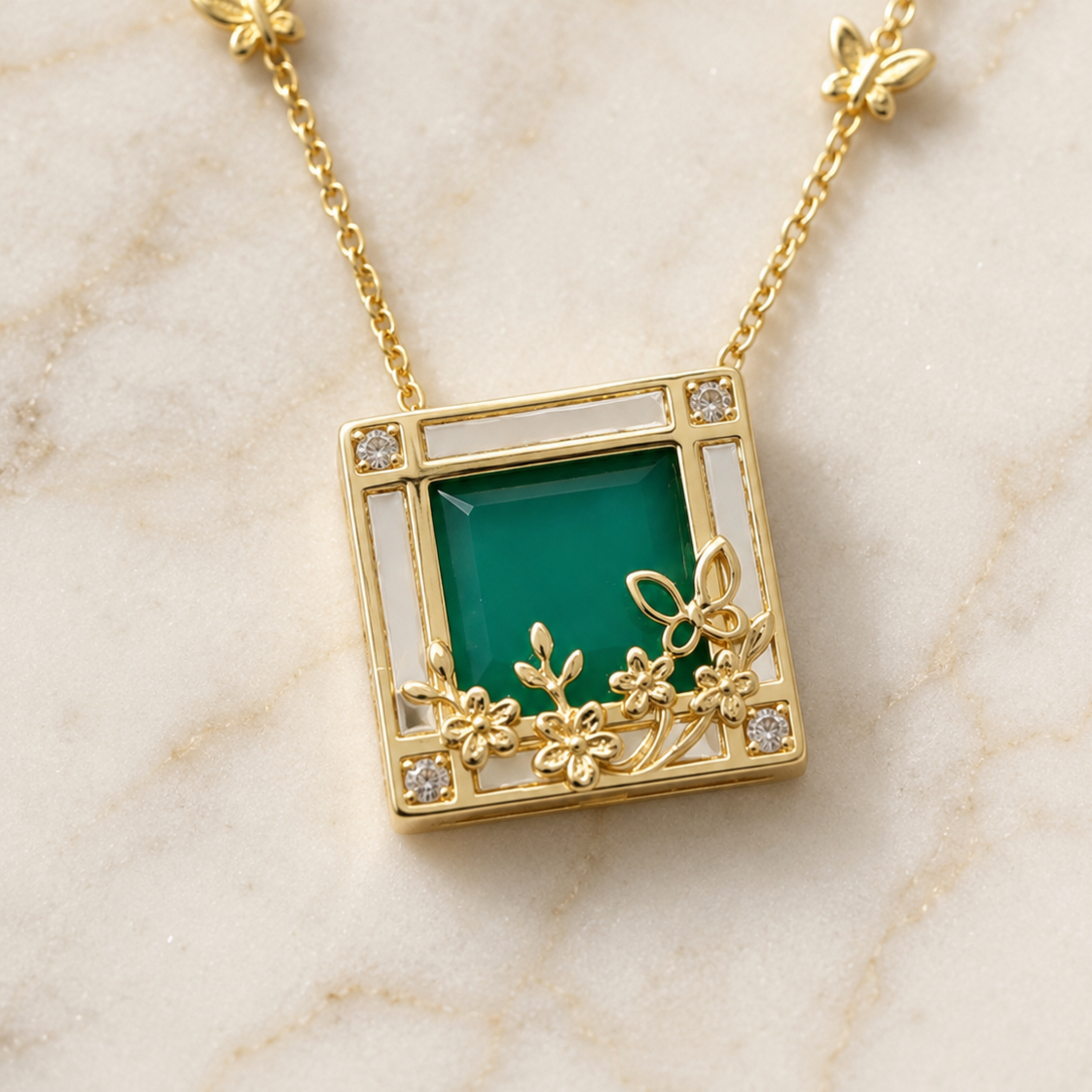 Green Princess-Cut Square Pendant Necklace