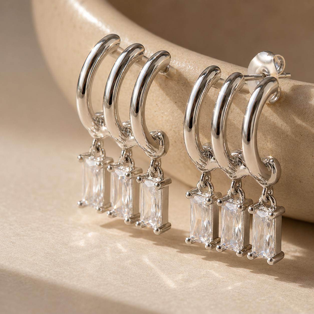 925 Sterling Silver Elegant Dangle Triple Hoop Earrings