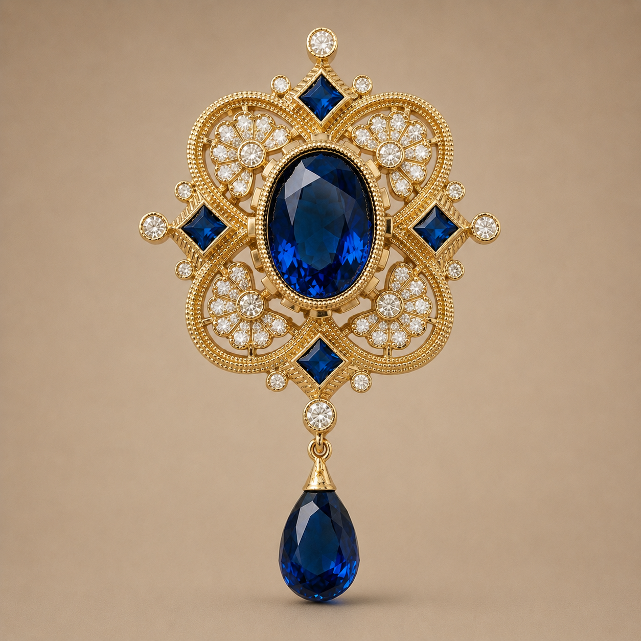 Antique Gold Finish Blue Stone Brooch Pendant