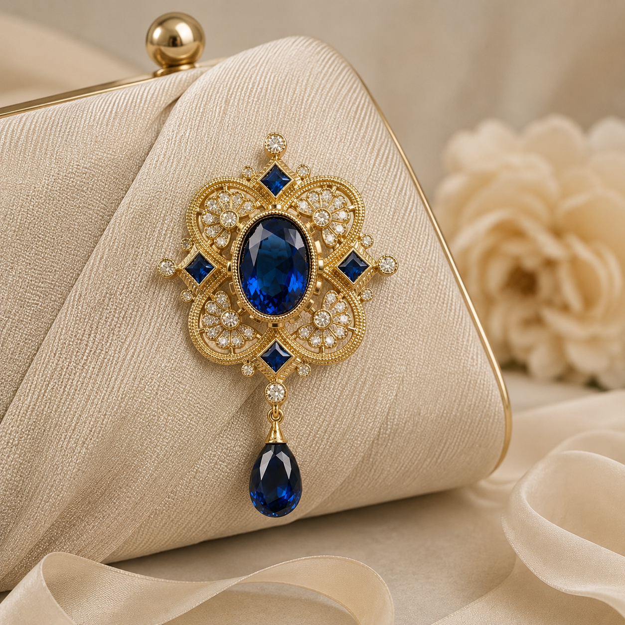 Antique Gold Finish Blue Stone Brooch Pendant