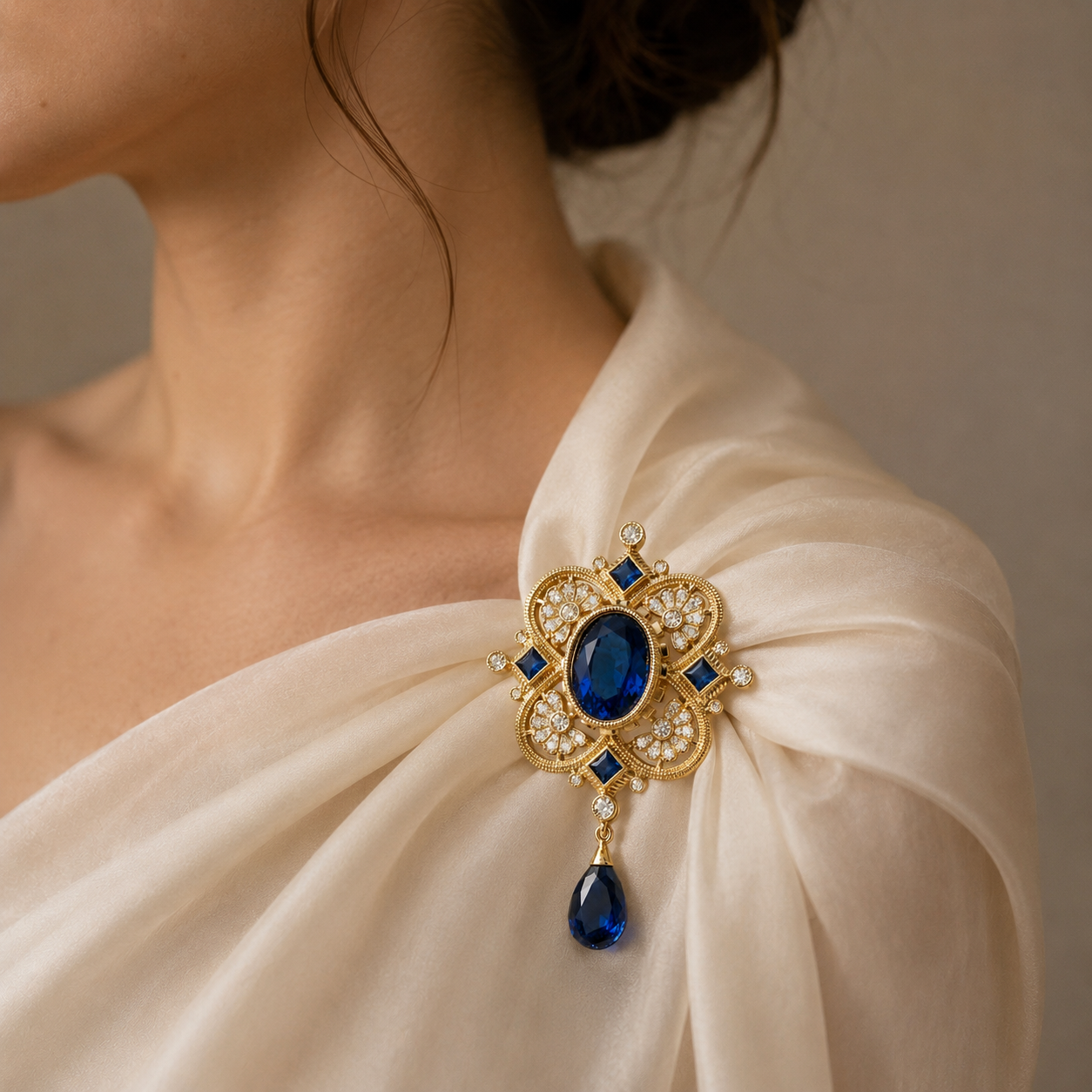 Antique Gold Finish Blue Stone Brooch Pendant