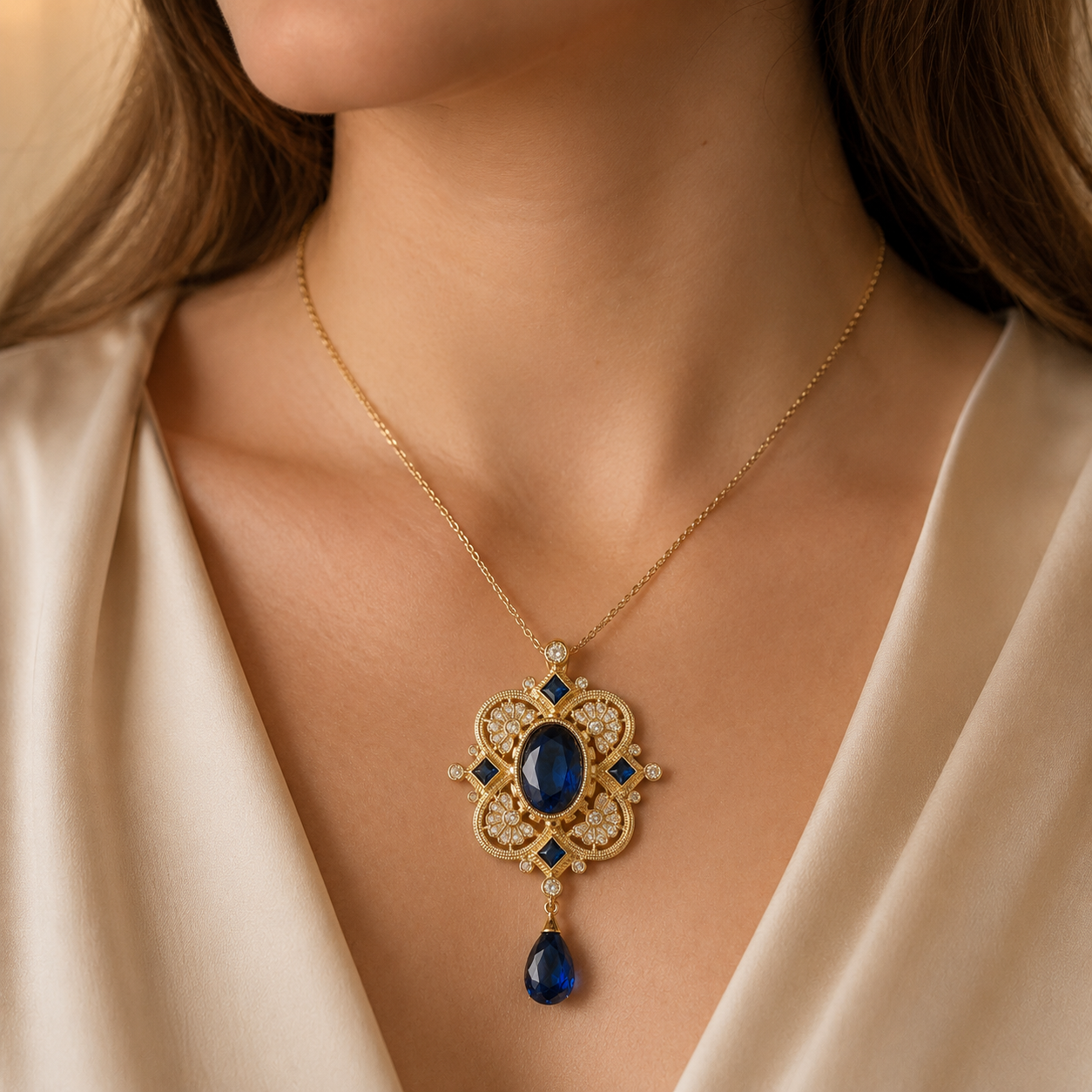 Antique Gold Finish Blue Stone Brooch Pendant