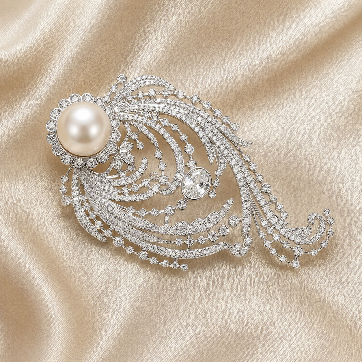 Zircon Phoenix Tail Brooch with Freshwater Pearl