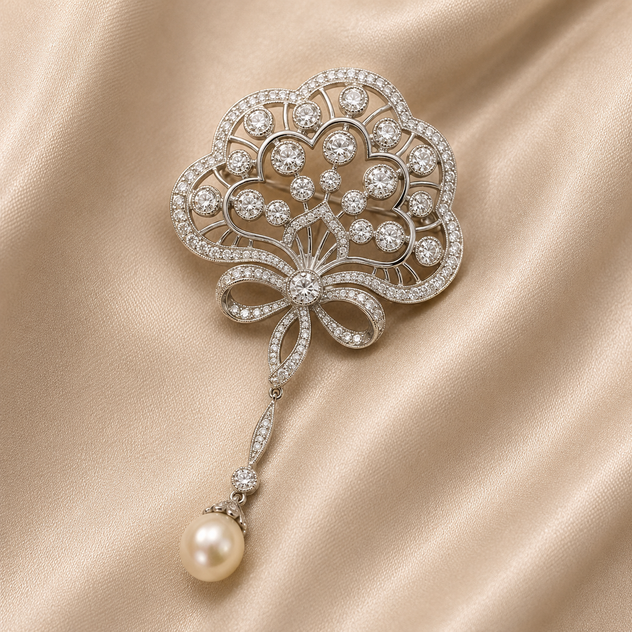 Platinum Plated Peacock Freshwater Pearl Bridal Brooch