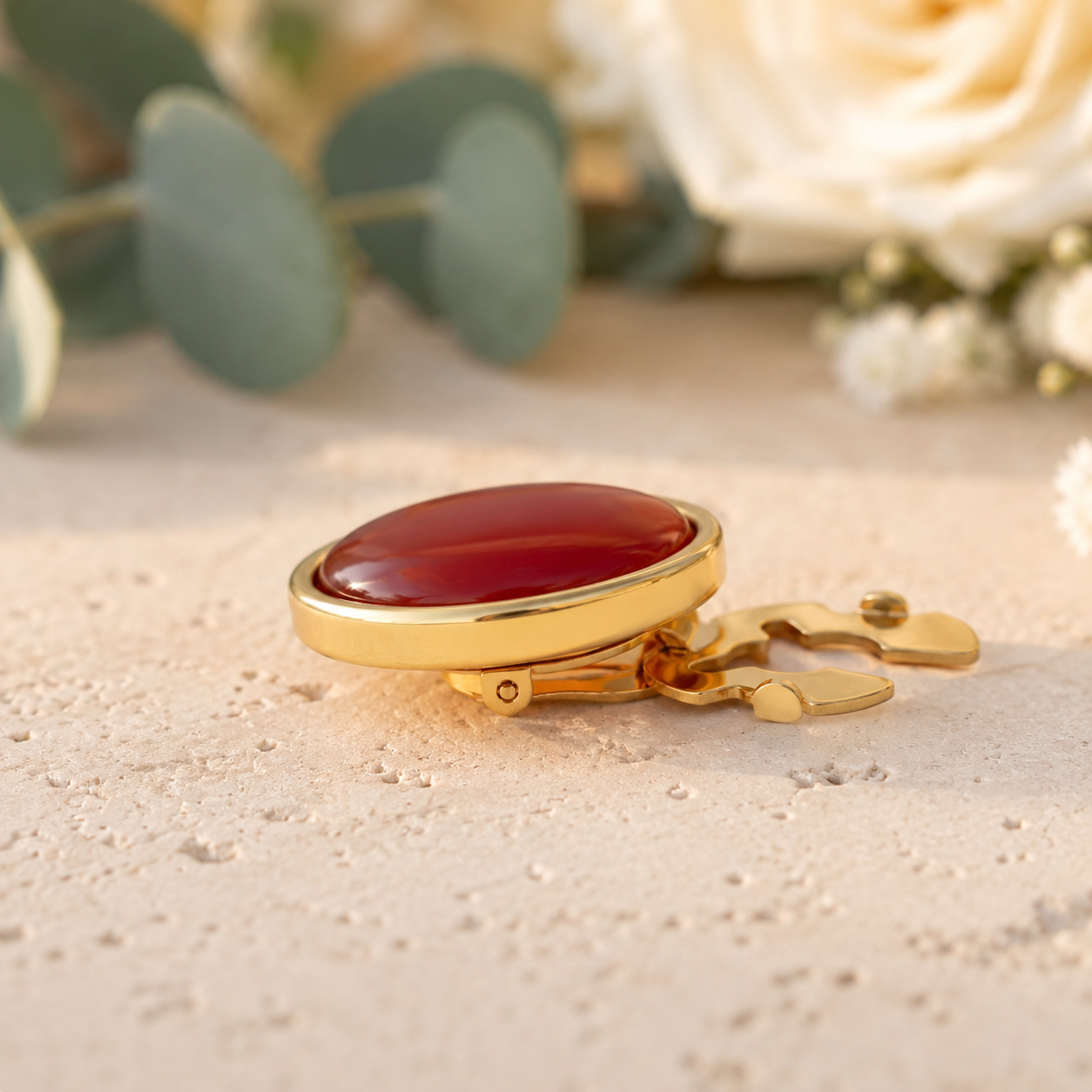 Red Agate Button Clip with Gold-Plated Finish