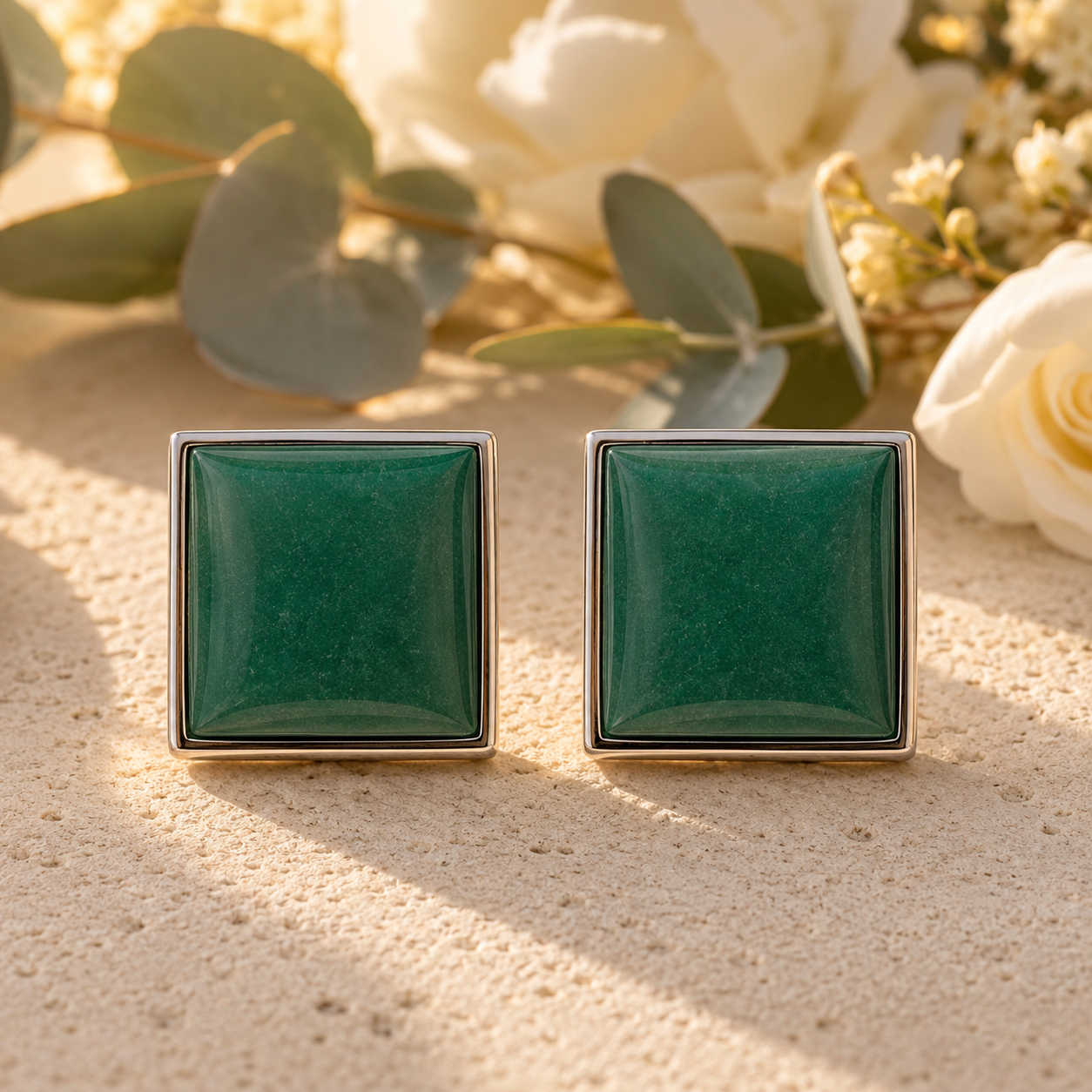 Aventurine Crystal 15mm Button Clip with Silver-Tone Rhodium Plating