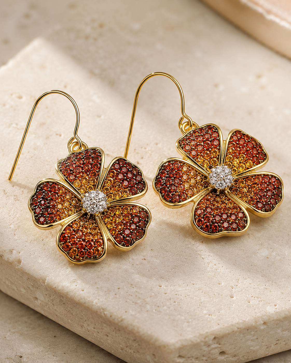 Five Petal Ombre Blossom Dangle Earrings - Orange