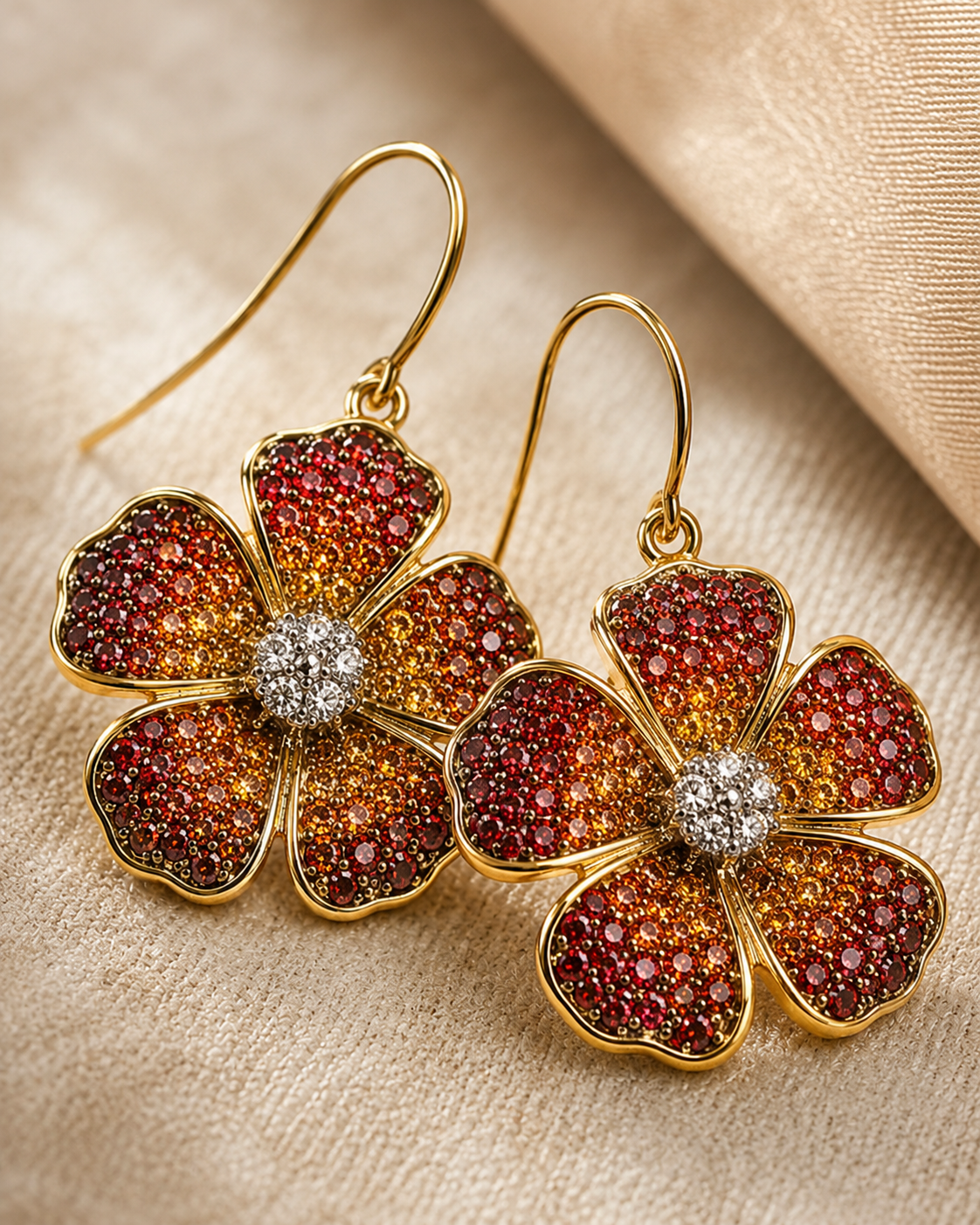 Five Petal Ombre Blossom Dangle Earrings - Orange