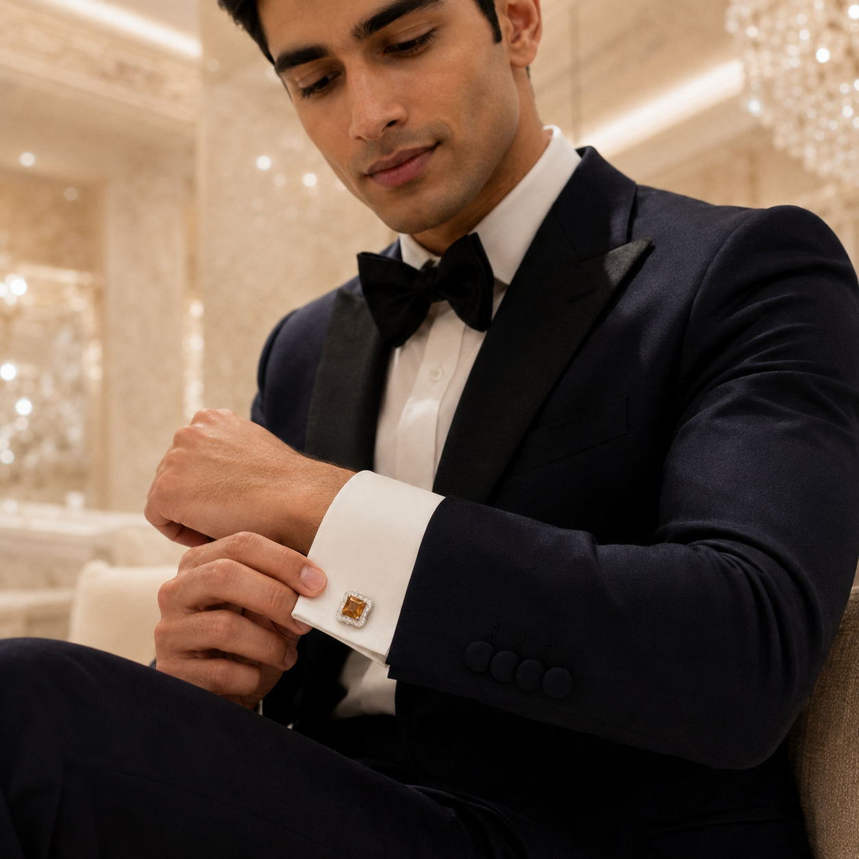 Gold and silver tone square cufflinks styled as a formal shirt accessory