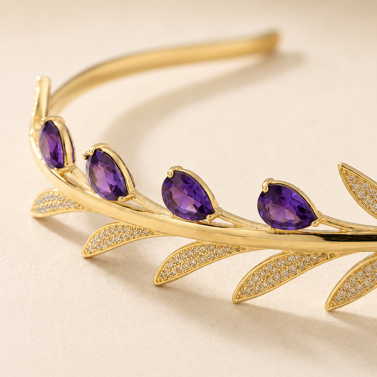Golden Laurel Headband with Purple Cubic Zirconia