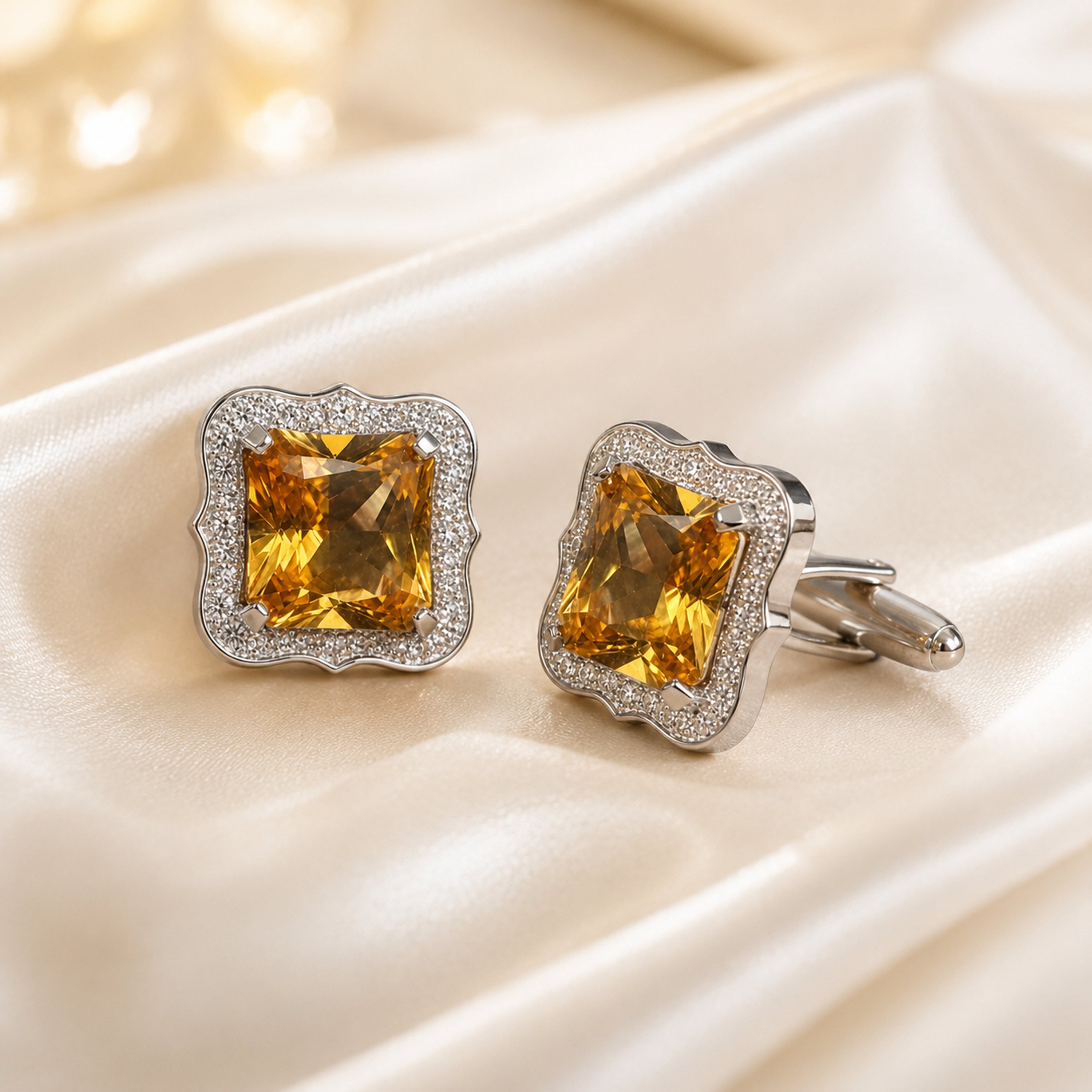 Pair of square cufflinks set with a gold tone stone and clear pave halo