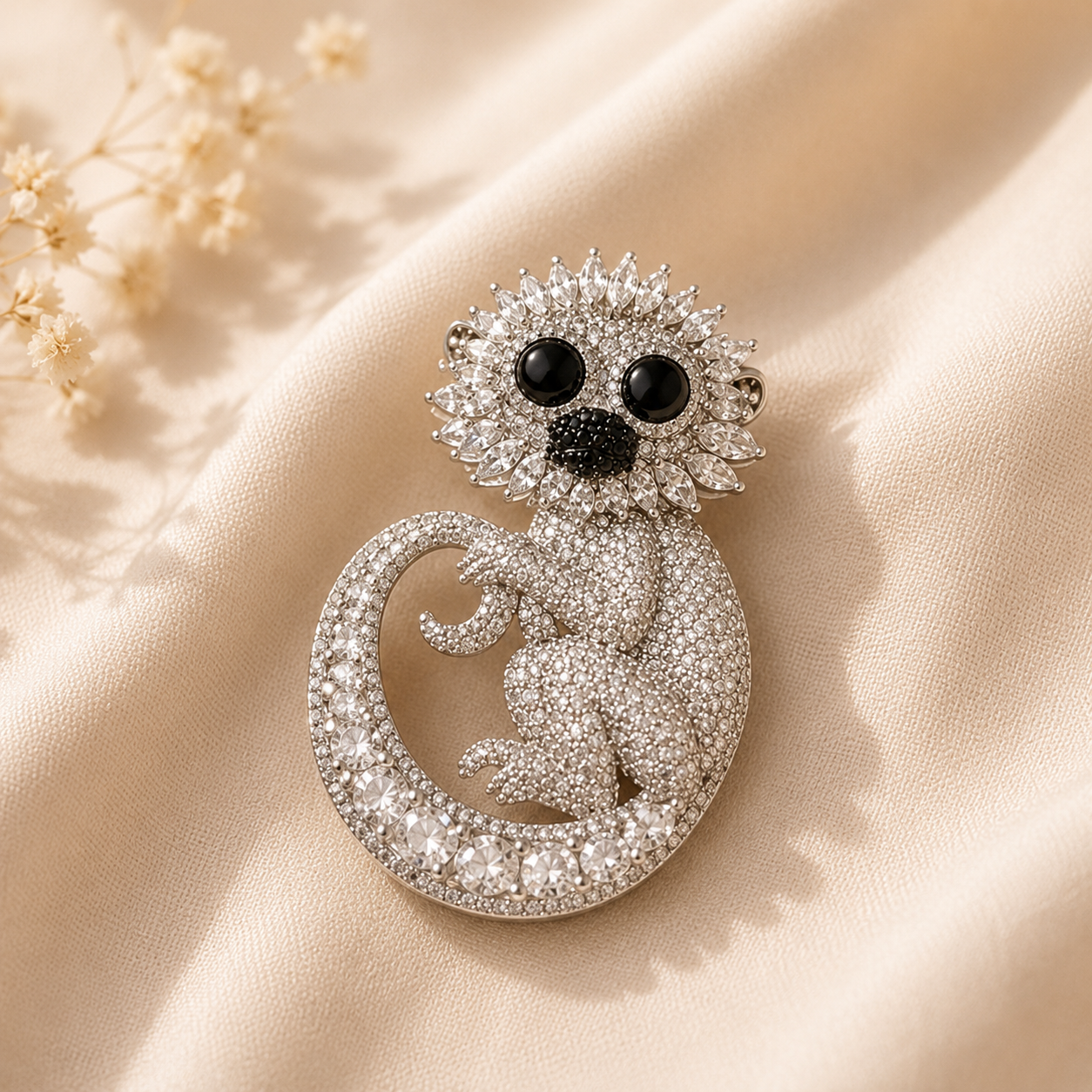 Silver Plated Statement Animal Brooch – Zirconia Encrusted Monkey Pin