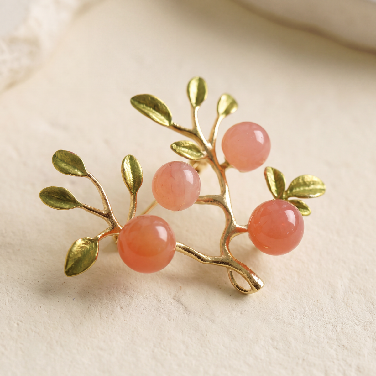Peach Orchard Branch Brooch by Kavati, natural red agate and gold plated brass, additional product view