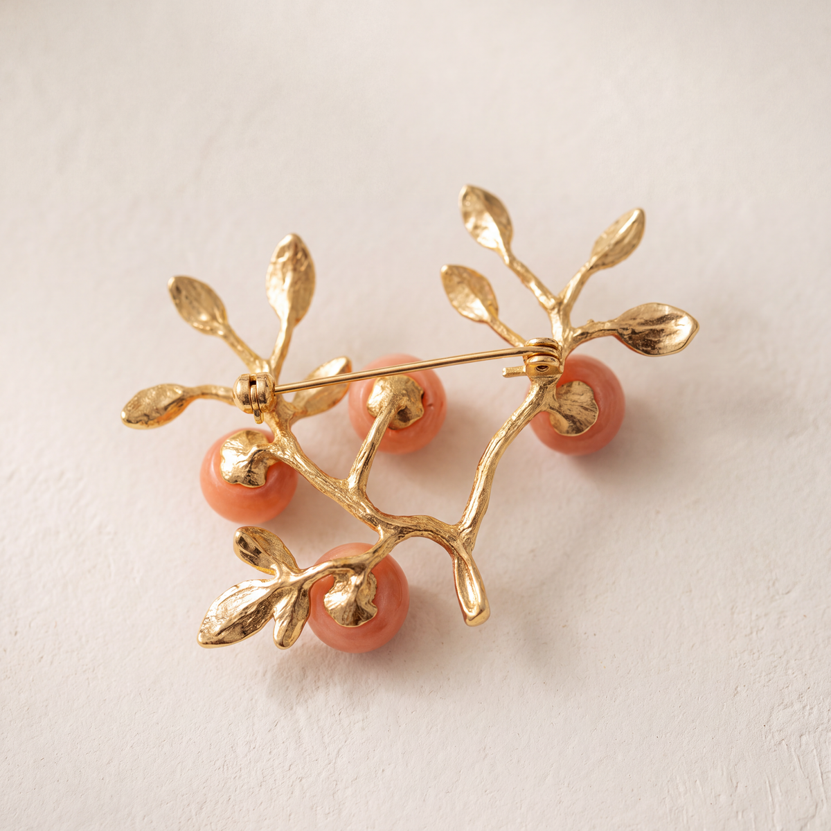 Peach Orchard Branch Brooch by Kavati, natural red agate and gold plated brass, additional product view