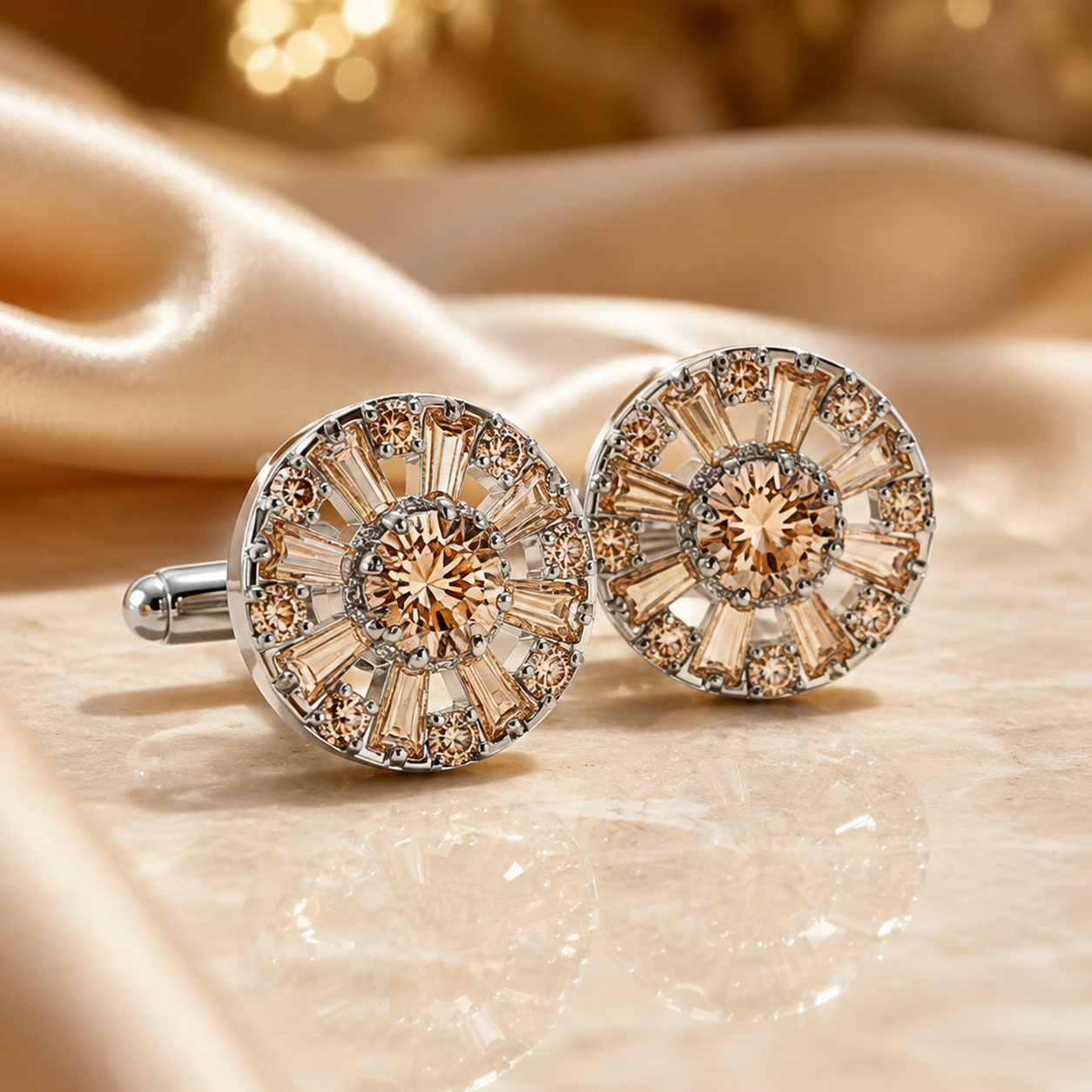Orlando champagne cufflinks showing the openwork between the baguette spokes and the silver-tone setting