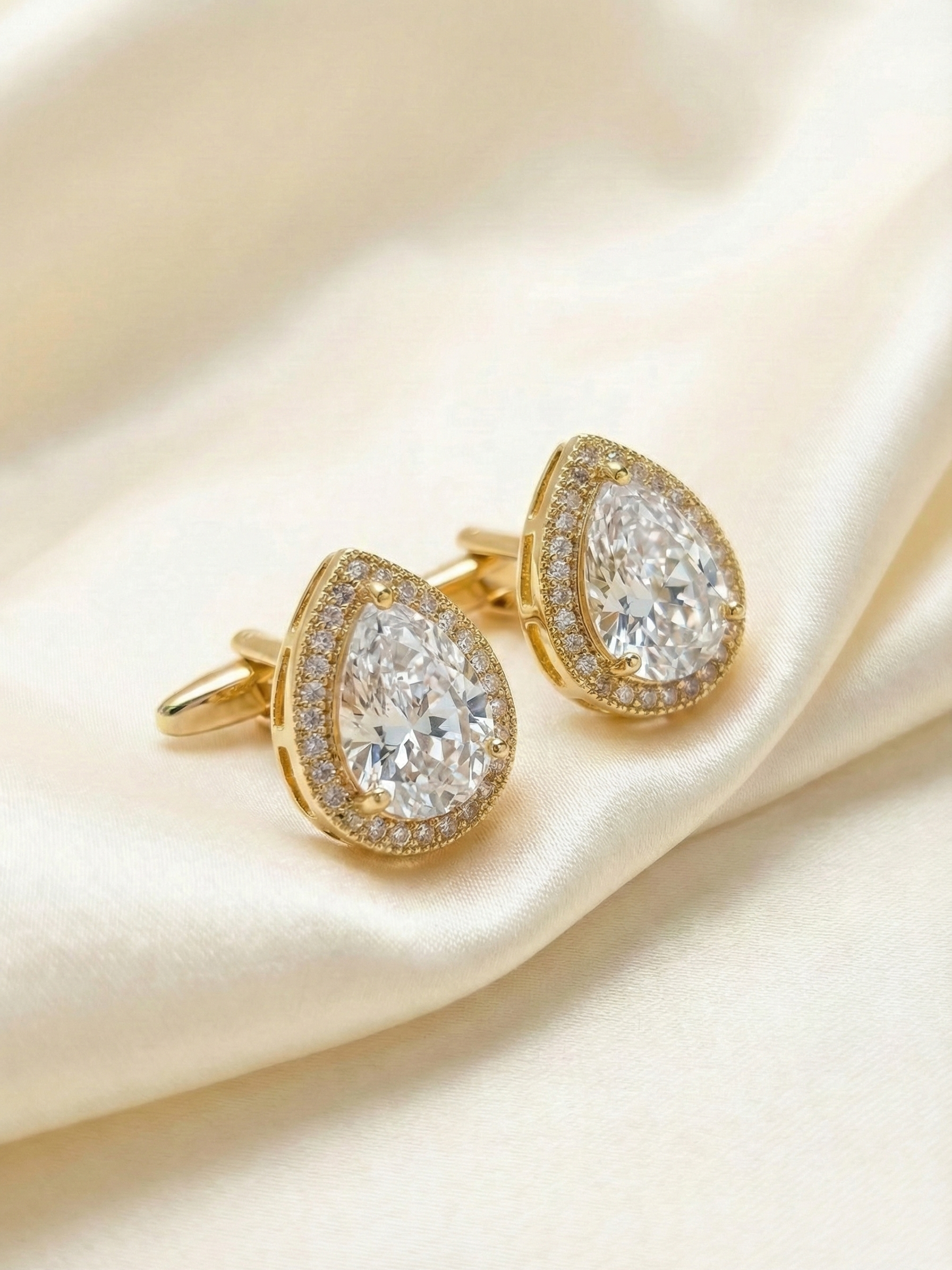 Gold Tone Clear Water Drop Crystal Cufflinks