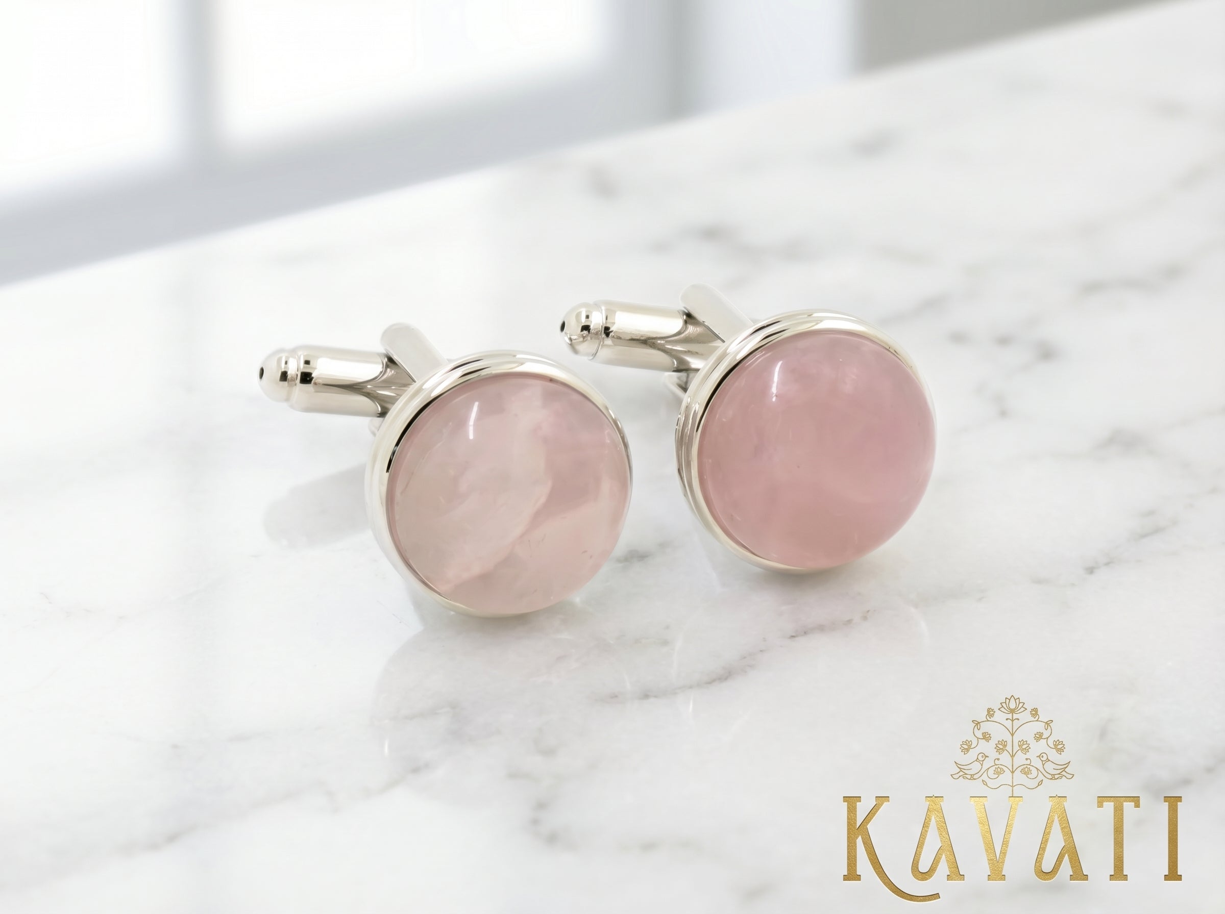 Pink Agate Cufflinks in Polished Silver