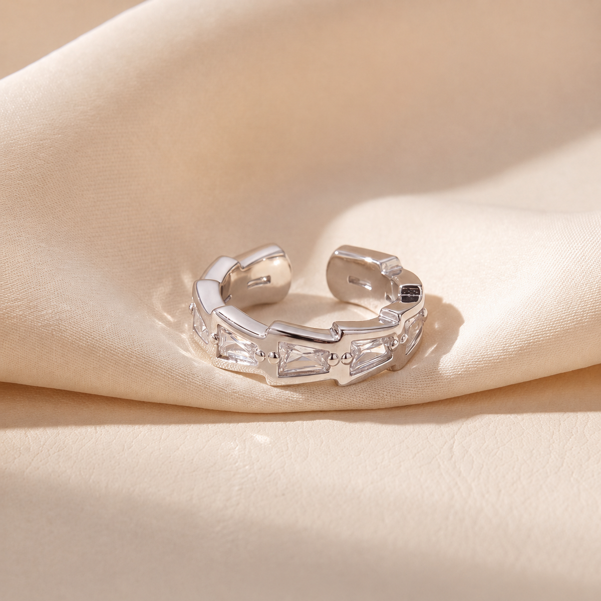 Baguette Line Ear Cuff in polished sterling silver with a line of baguette-cut cubic zirconia, no piercing needed - Kavati