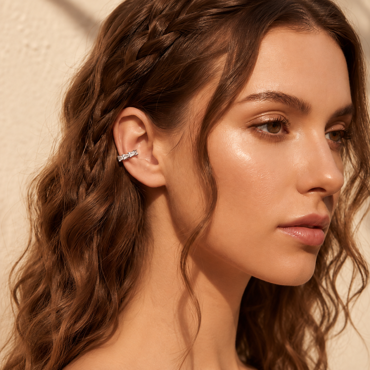 Baguette Line silver ear cuff worn on the ear, close-up