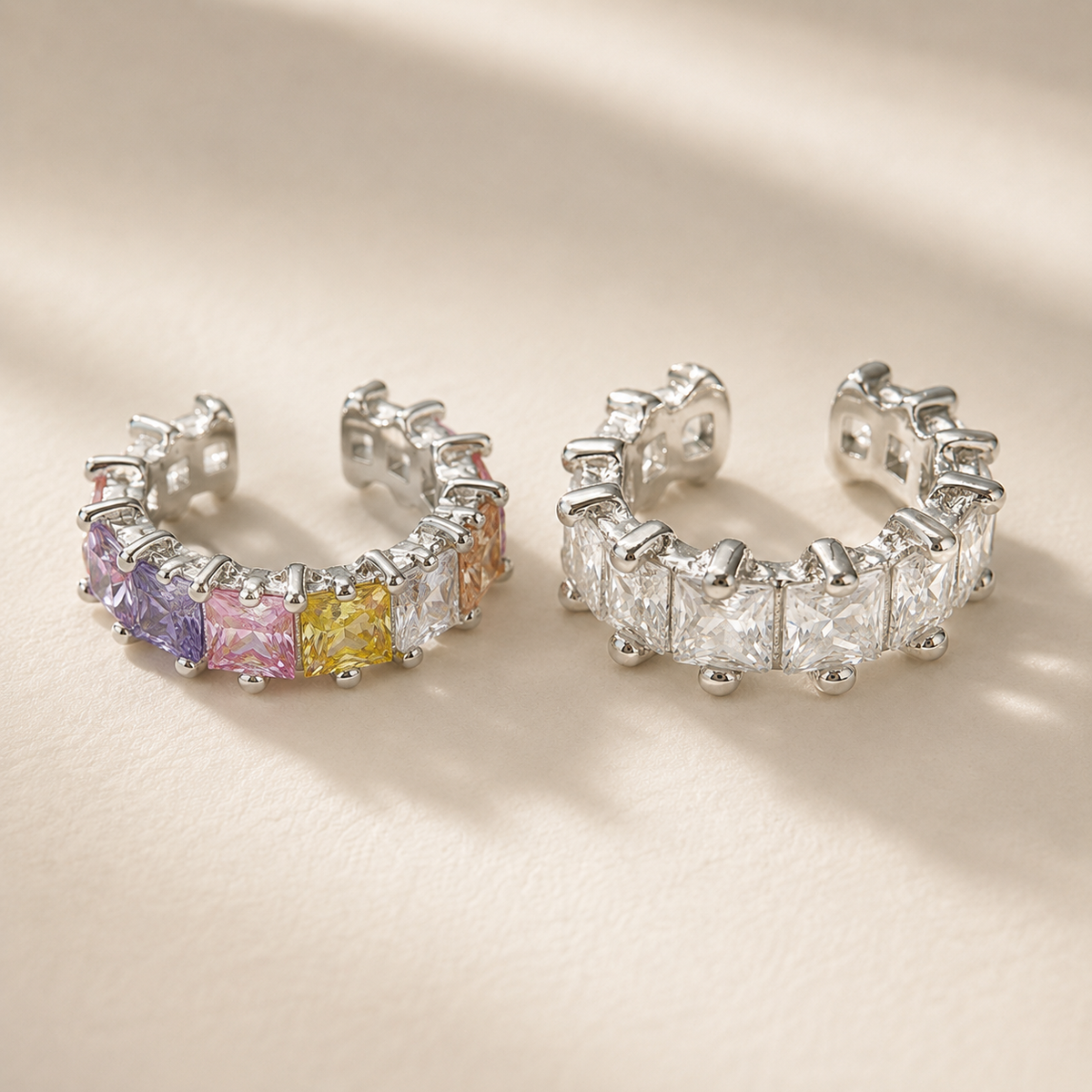 Candy Cube Ear Cuff in sterling silver with multicoloured cubic zirconia cubes, no piercing needed - Kavati