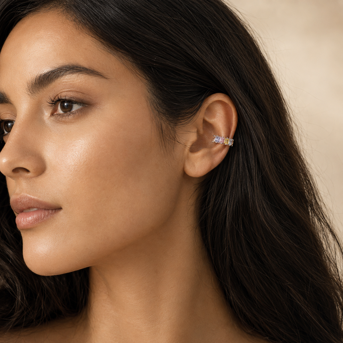 Candy Cube Ear Cuff in multicoloured cubic zirconia, styled view