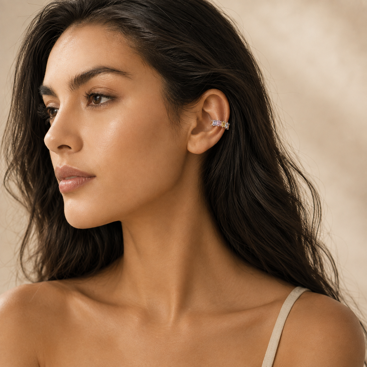 Candy Cube multicoloured cubic zirconia ear cuff worn on the upper ear