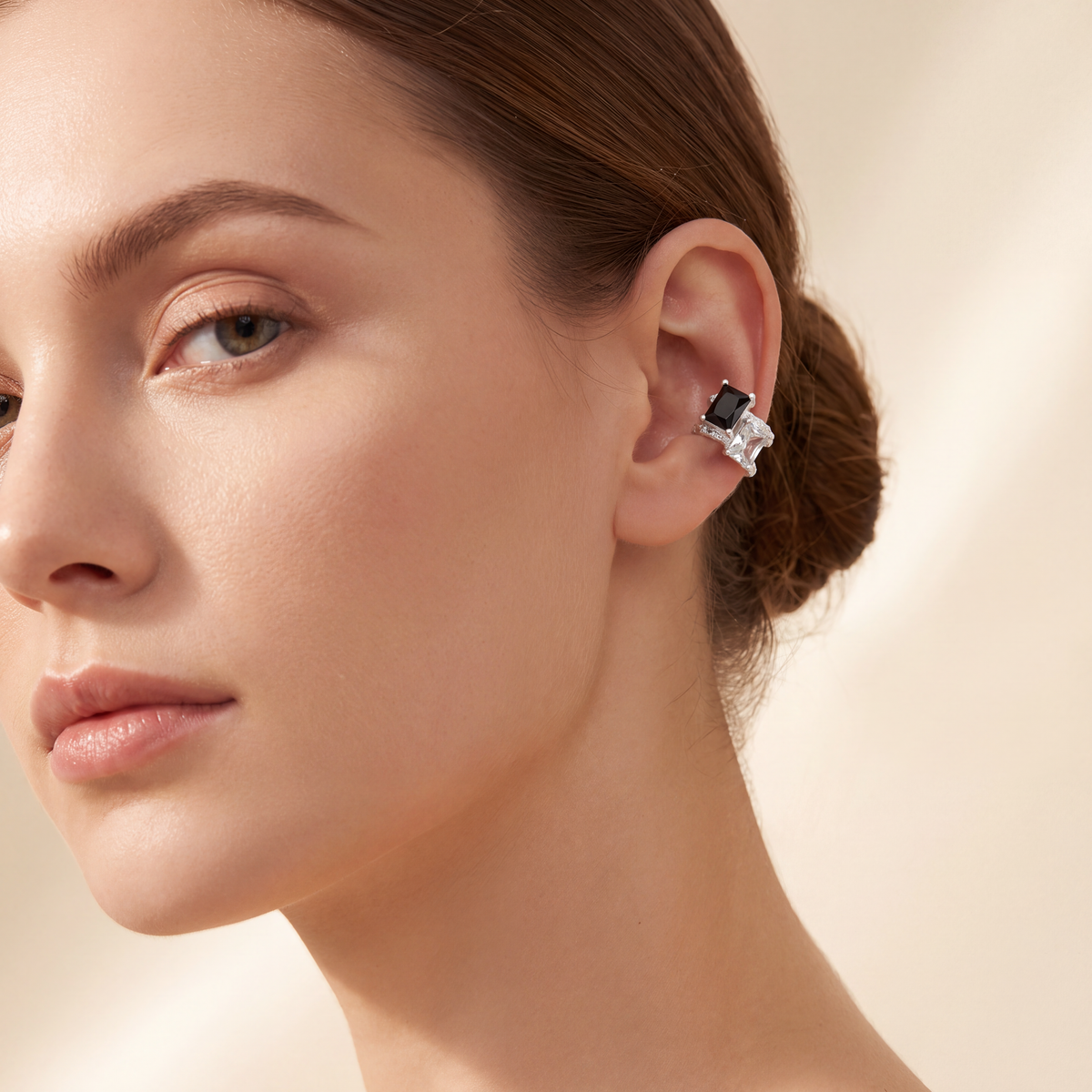 Molten Frame silver tone ear cuff, side view of the open adjustable band