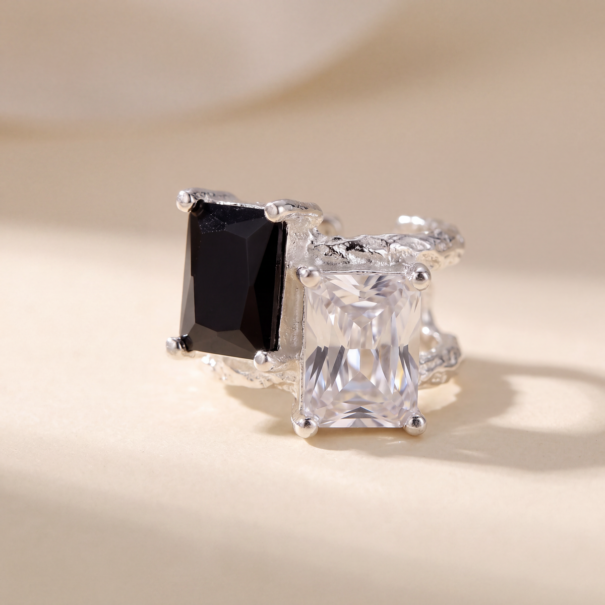 Molten Frame Ear Cuff in polished sterling silver with one clear and one black cubic zirconia, no piercing needed - Kavati