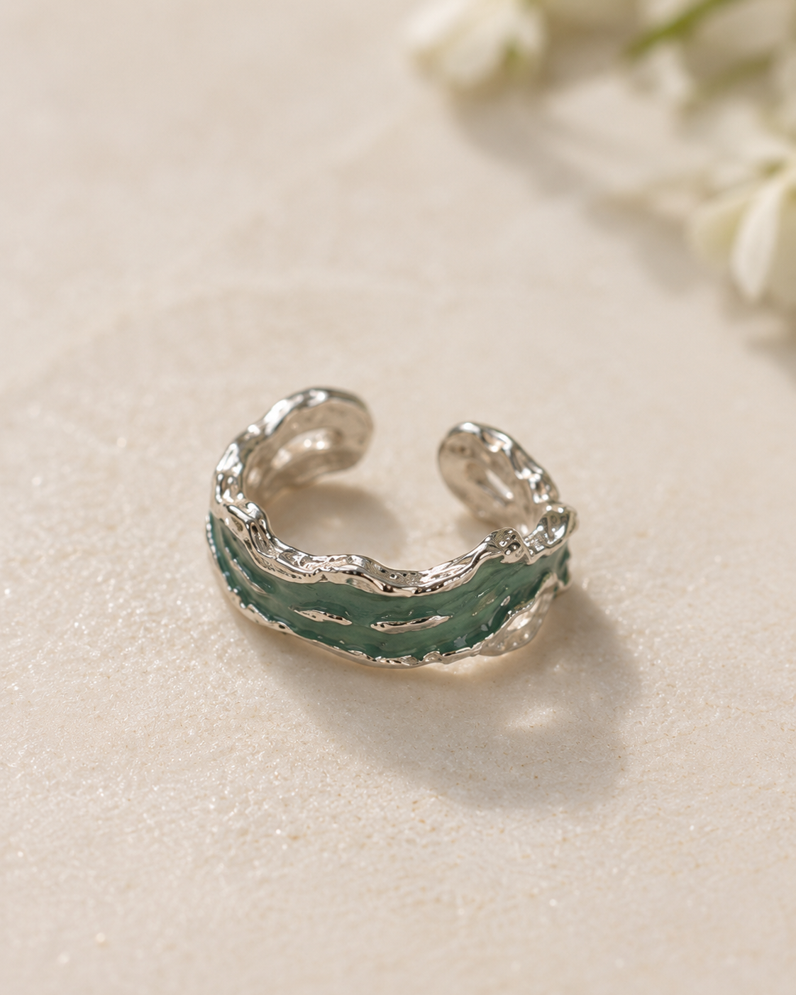 Green Enamel Sterling Silver Ear Cuff (Rhodium Plated Single Piece)