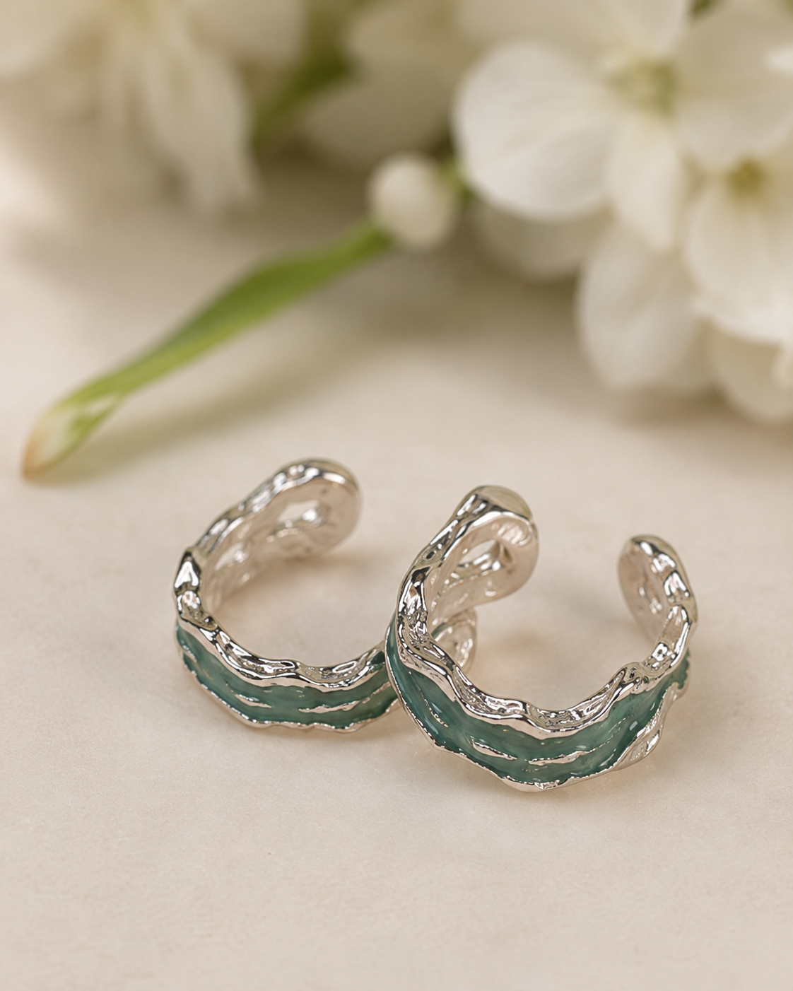 Green Enamel Sterling Silver Ear Cuff (Rhodium Plated Single Piece)