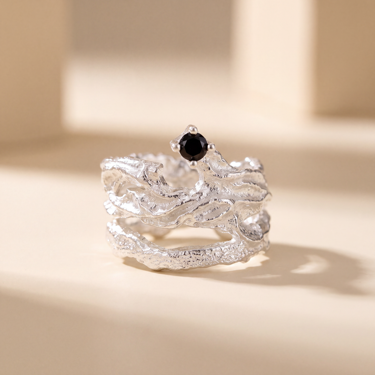 Meteorite Ear Cuff in hand-textured 925 sterling silver with a single black cubic zirconia, no piercing needed - Kavati