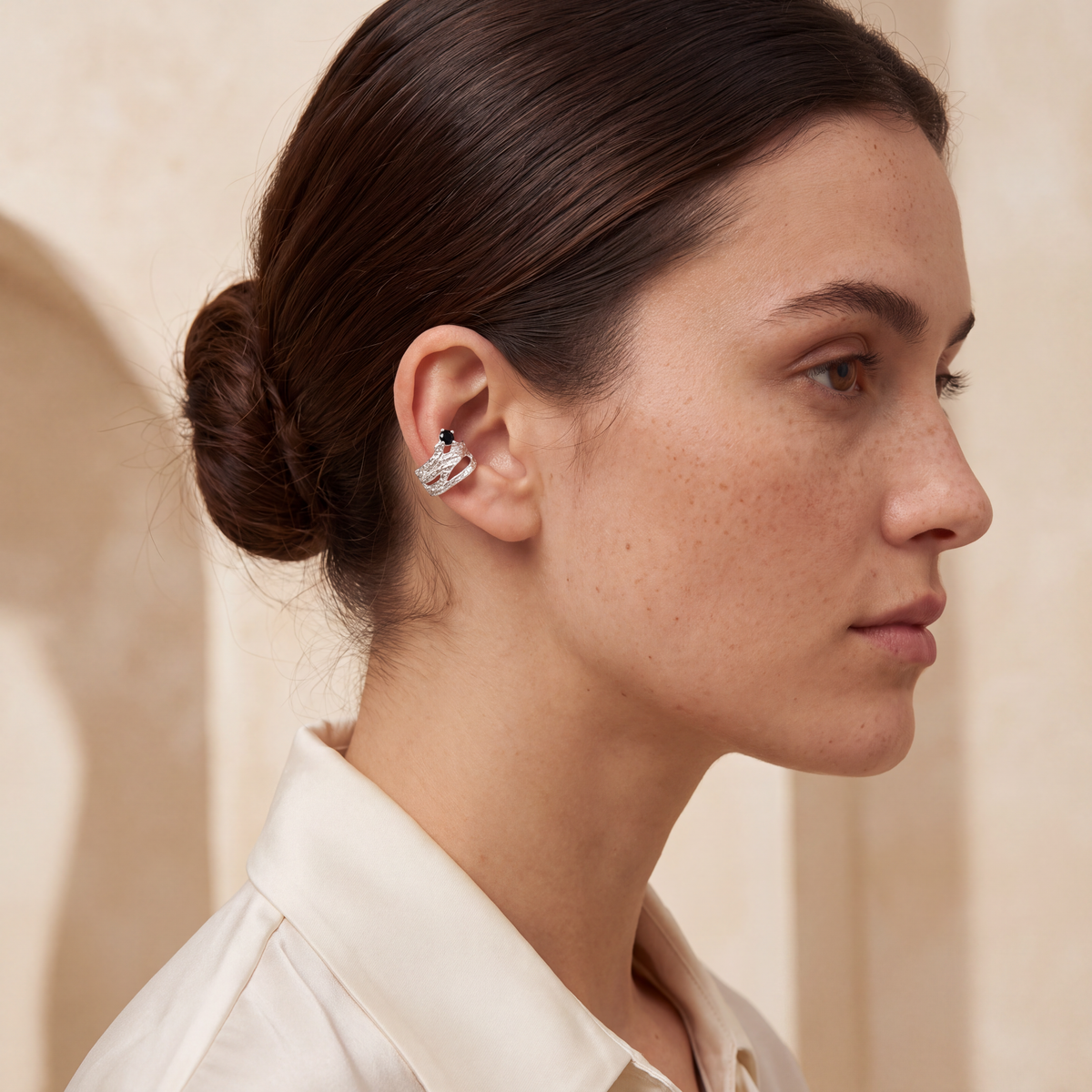 Meteorite Ear Cuff detail of the black cubic zirconia set into textured sterling silver