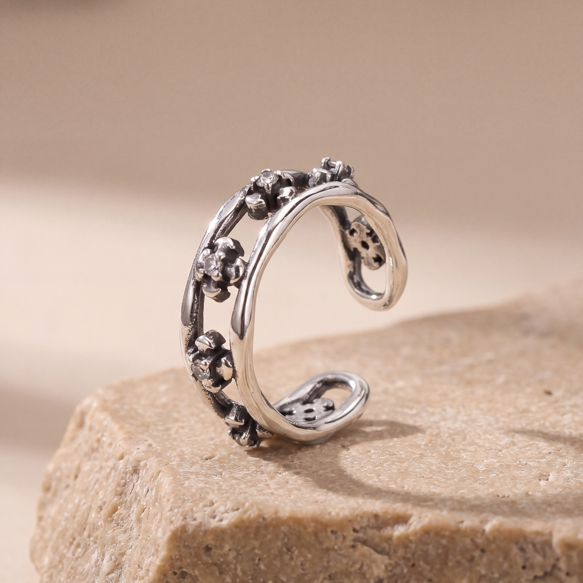 Wildflower Ear Cuff, a dainty flower in oxidised 925 sterling silver, no piercing needed - Kavati